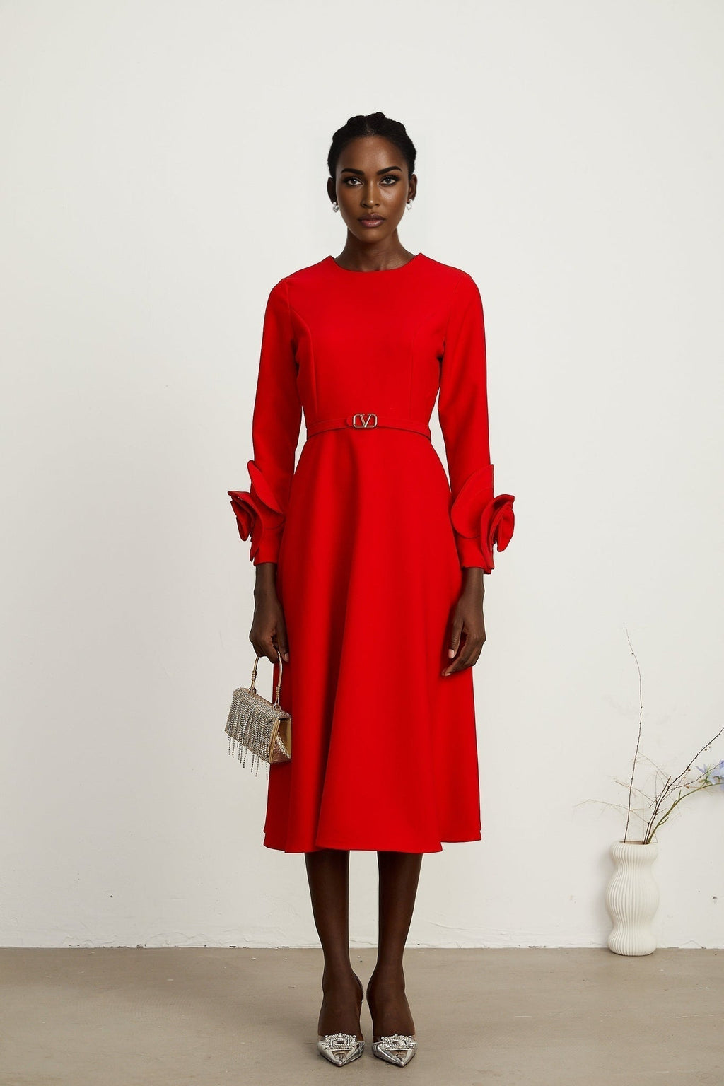 Dayana Long Dress - Floral Appliqué - Flared Skirt - Round Neck - Long Sleeves