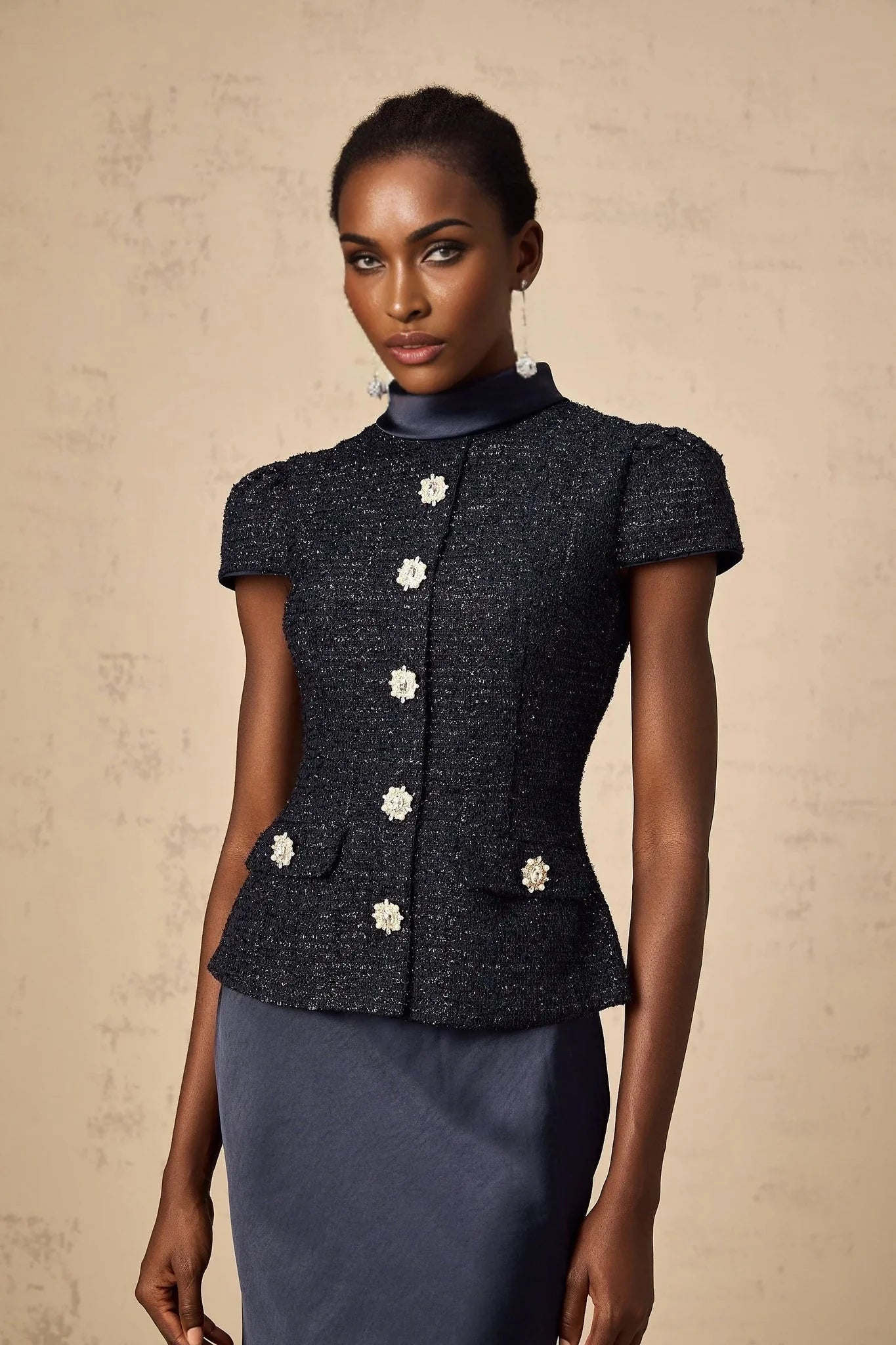 Dayana Maxi Dress Navy Blue Detachable Skirt Crystal Buttons