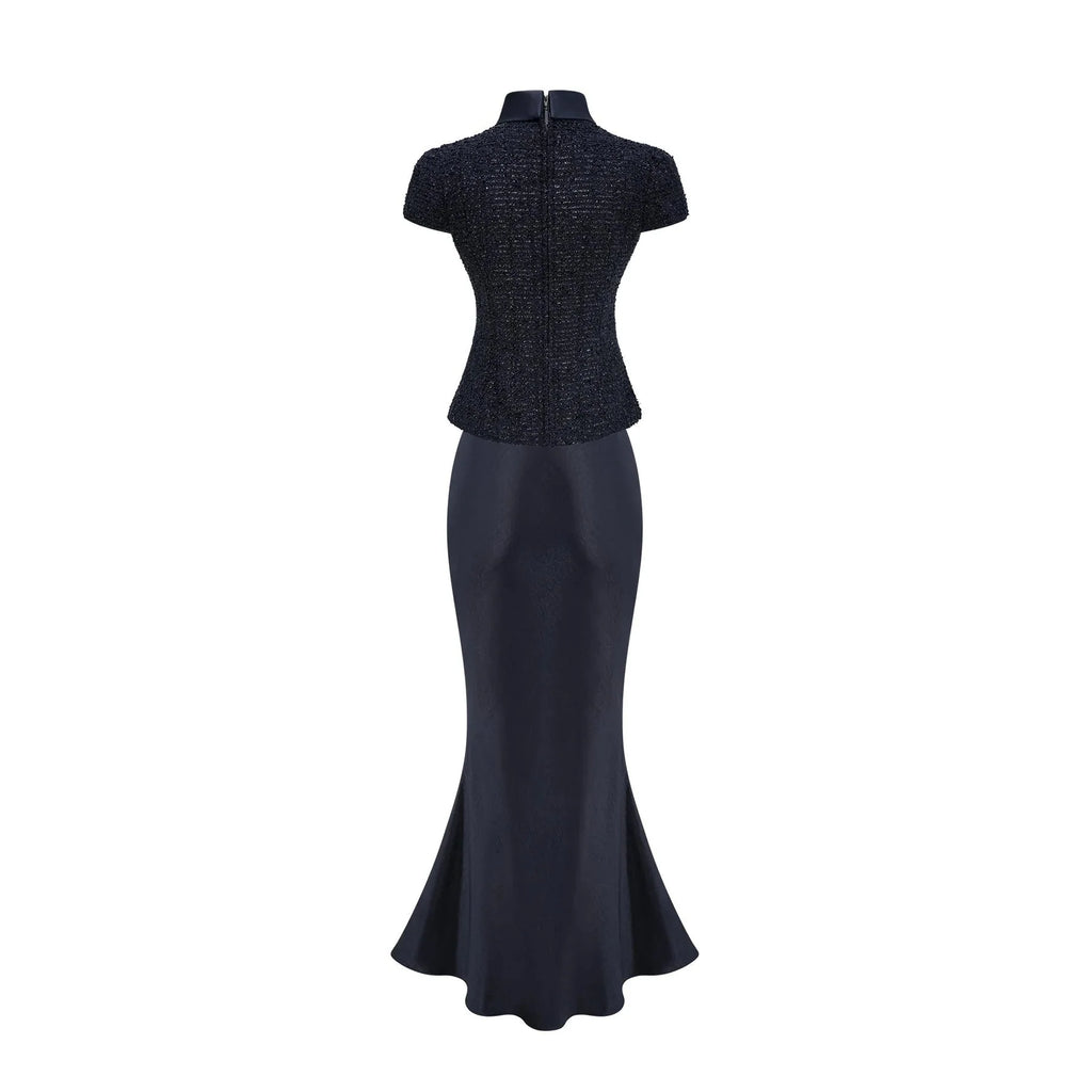 Dayana Maxi Dress Navy Blue Detachable Skirt Crystal Buttons