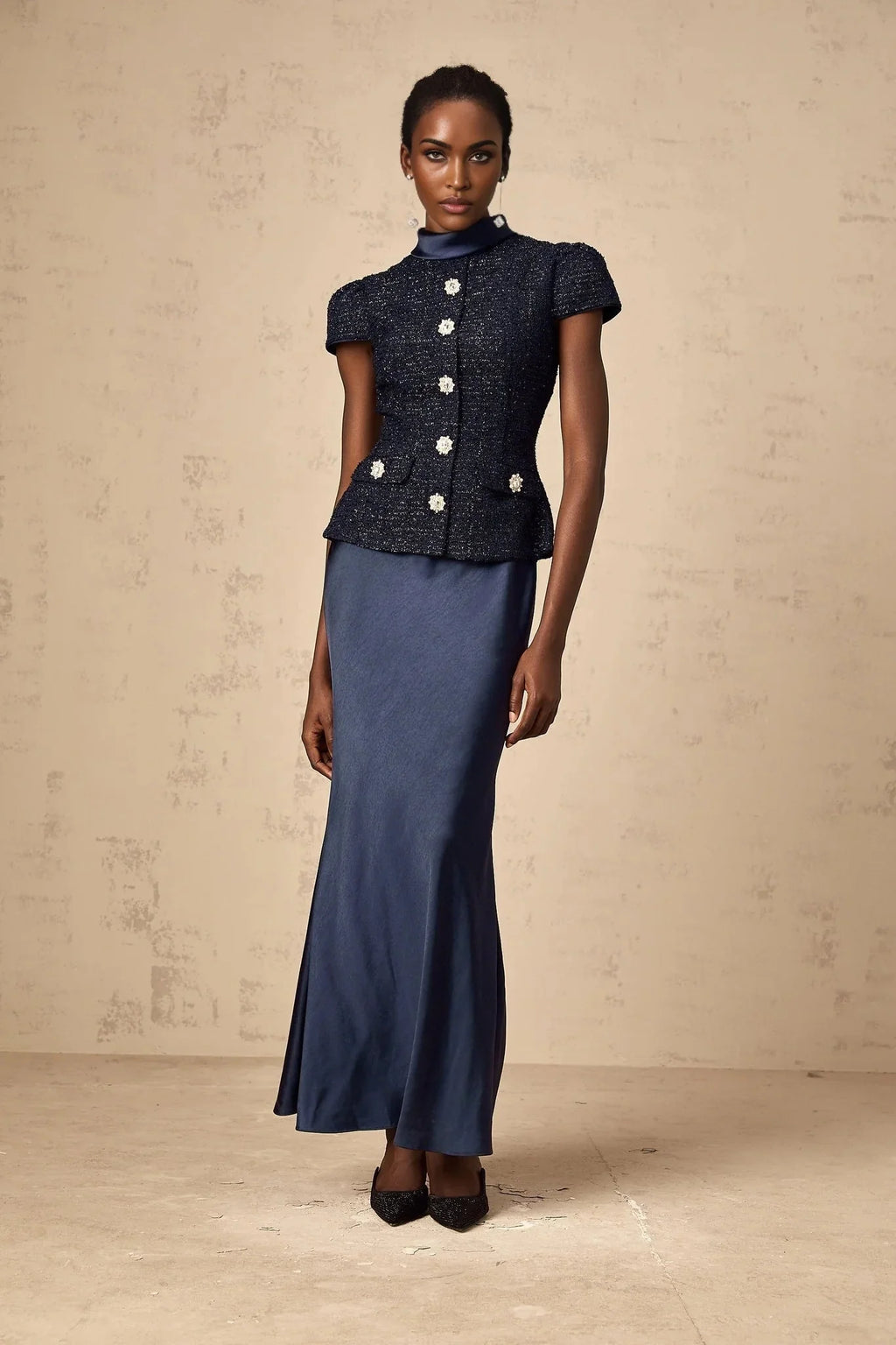 Dayana Maxi Dress Navy Blue Detachable Skirt Crystal Buttons