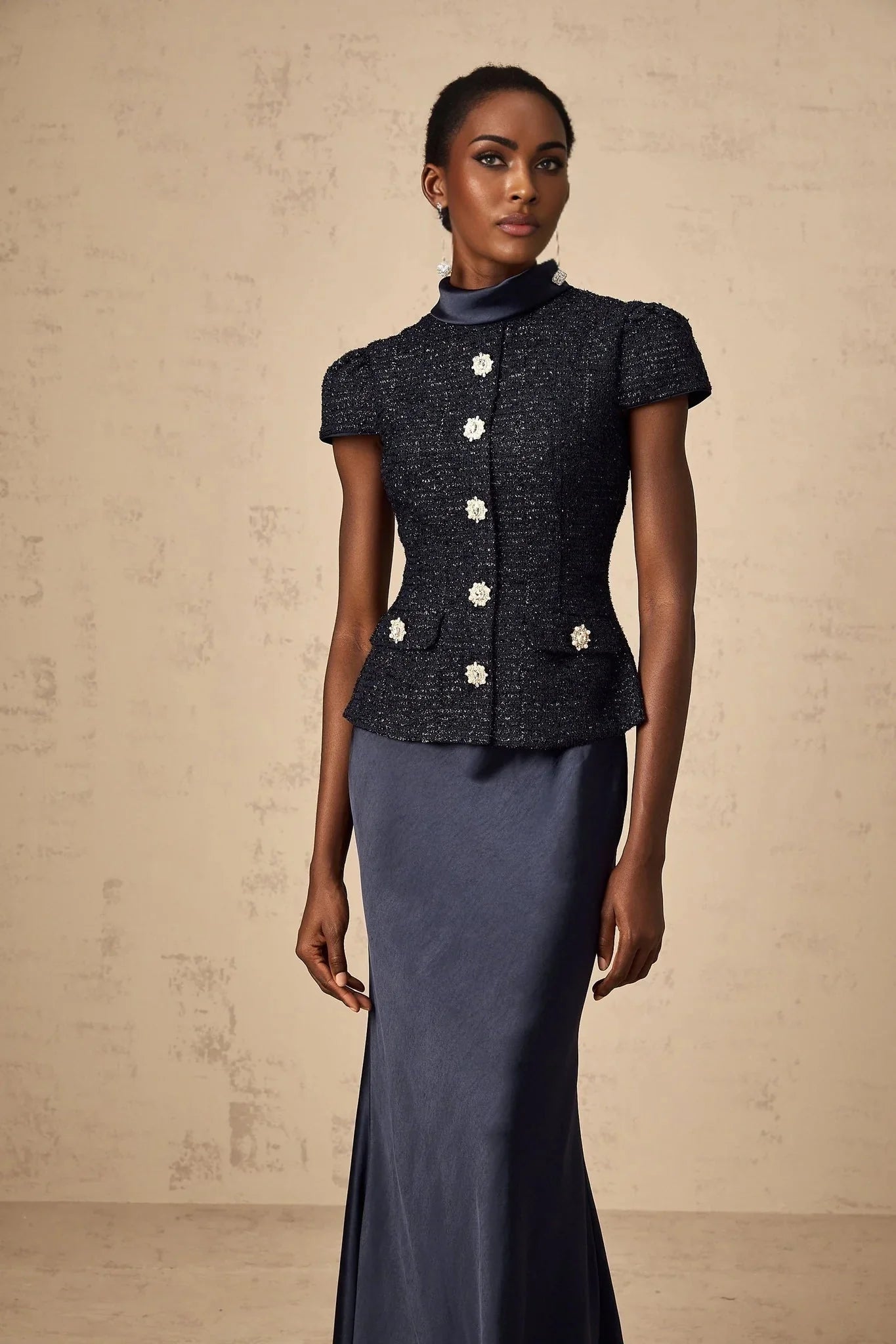 Dayana Maxi Dress Navy Blue Detachable Skirt Crystal Buttons