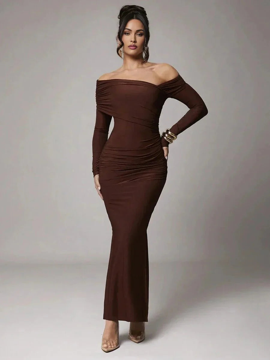 Dayana Maxi Dress - Refined Style - Slim Fit - Mermaid Hem Shape - Asymmetrical Neckline - Long Sleeve Length - Knitted Fabric, High Stretch
