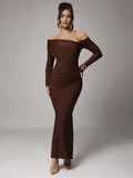 Dayana Maxi Dress - Refined Style - Slim Fit - Mermaid Hem Shape - Asymmetrical Neckline - Long Sleeve Length - Knitted Fabric, High Stretch