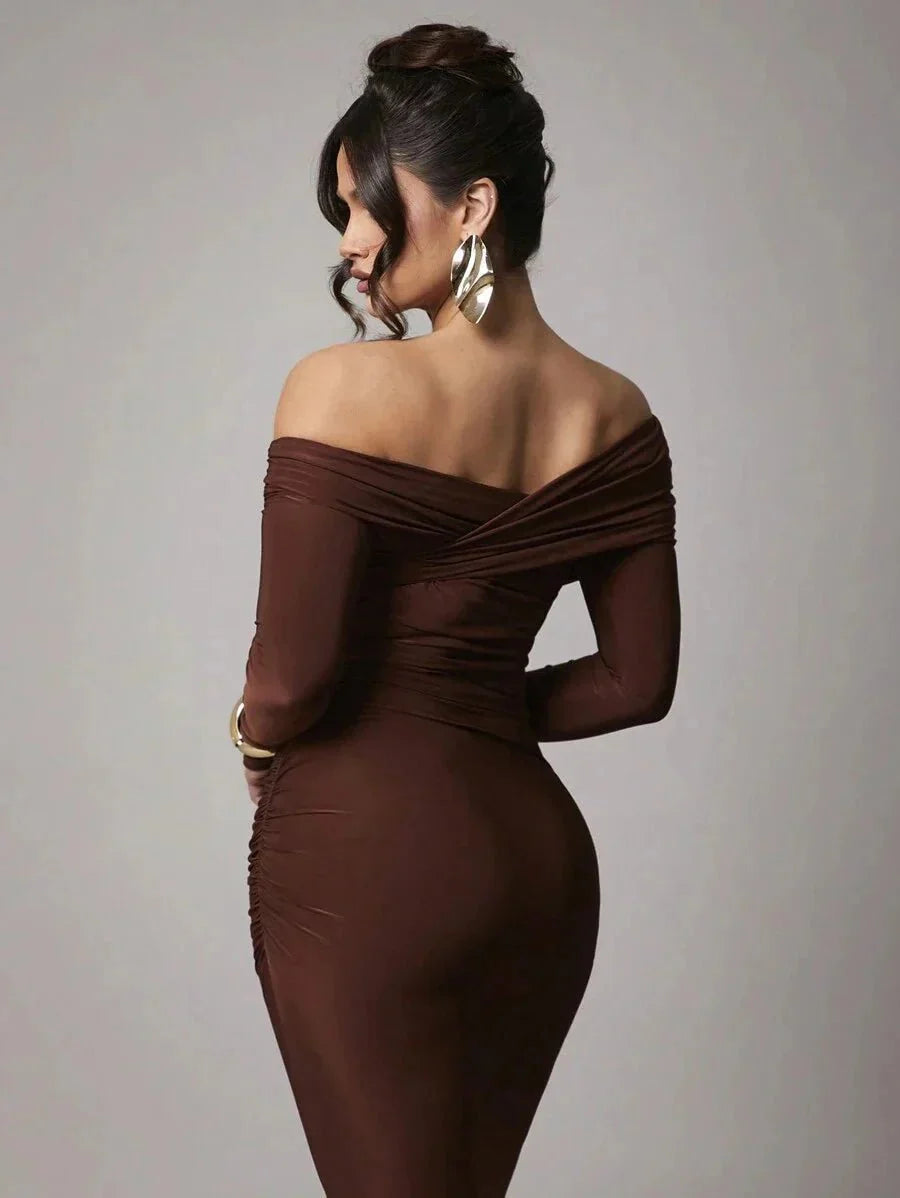 Dayana Maxi Dress - Refined Style - Slim Fit - Mermaid Hem Shape - Asymmetrical Neckline - Long Sleeve Length - Knitted Fabric, High Stretch