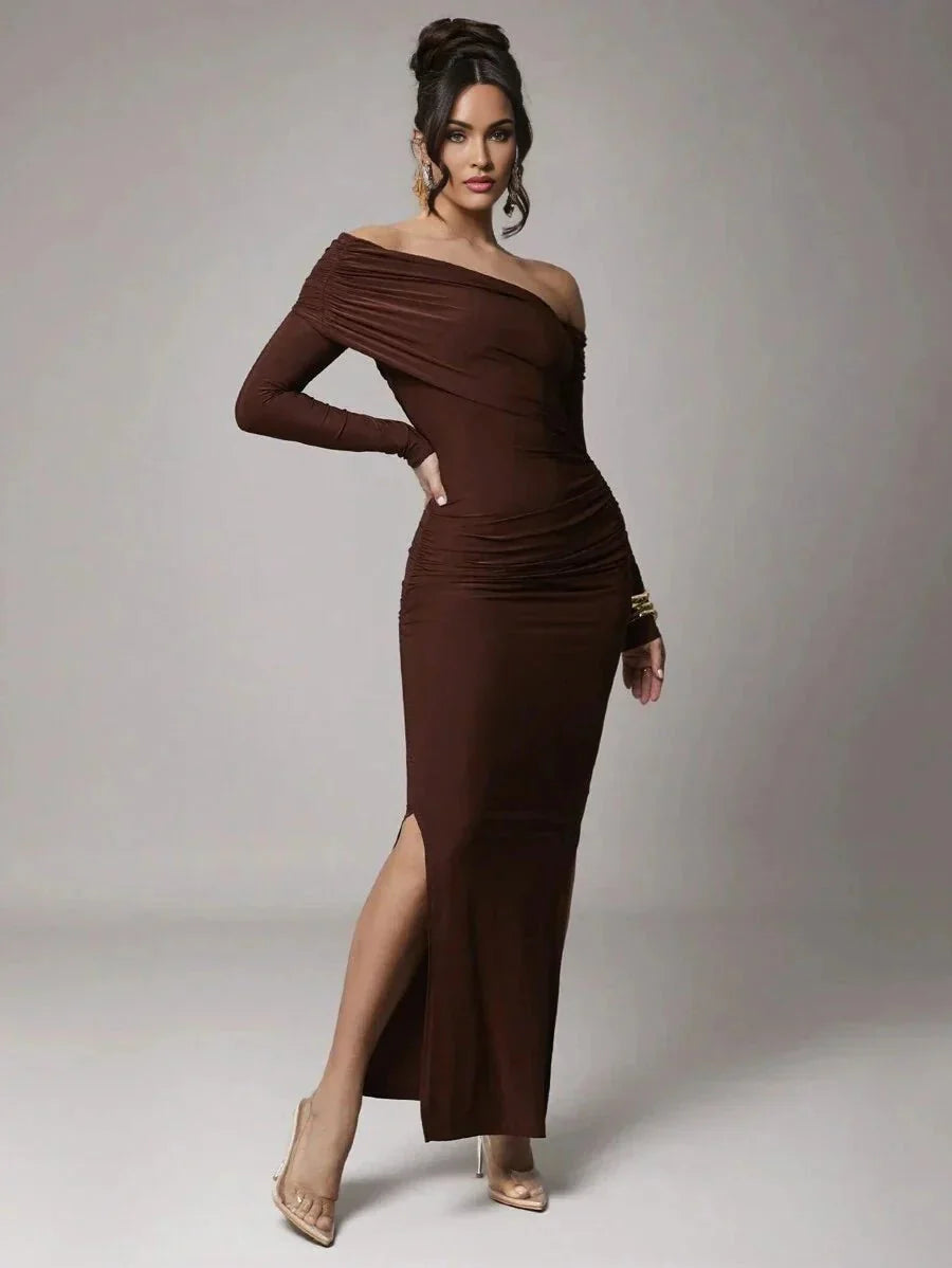 Dayana Maxi Dress - Refined Style - Slim Fit - Mermaid Hem Shape - Asymmetrical Neckline - Long Sleeve Length - Knitted Fabric, High Stretch