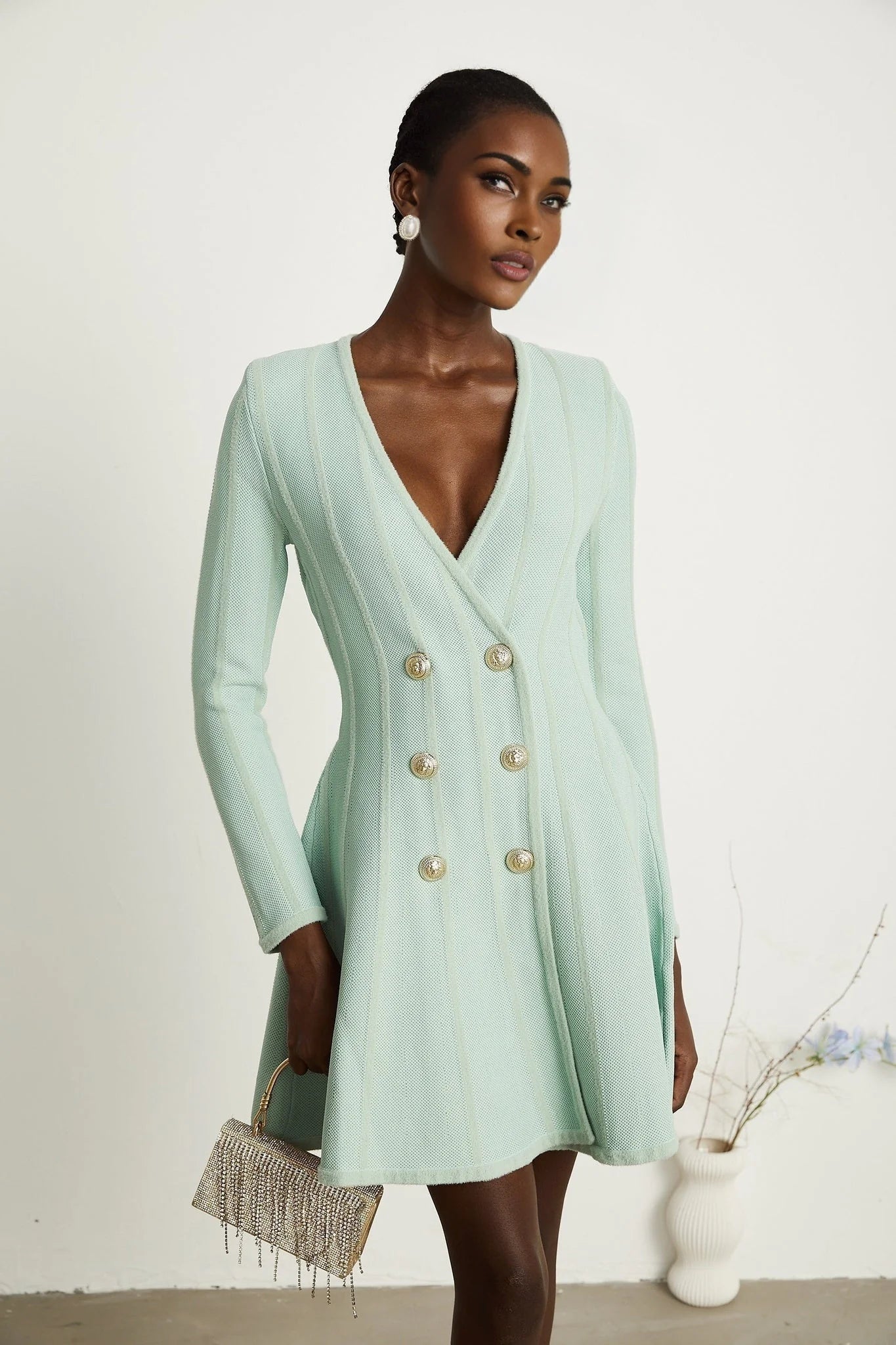 Dayana Mini Dress - V Neck - Long Sleeves - Embossed - tone Buttons - Knitted Construction