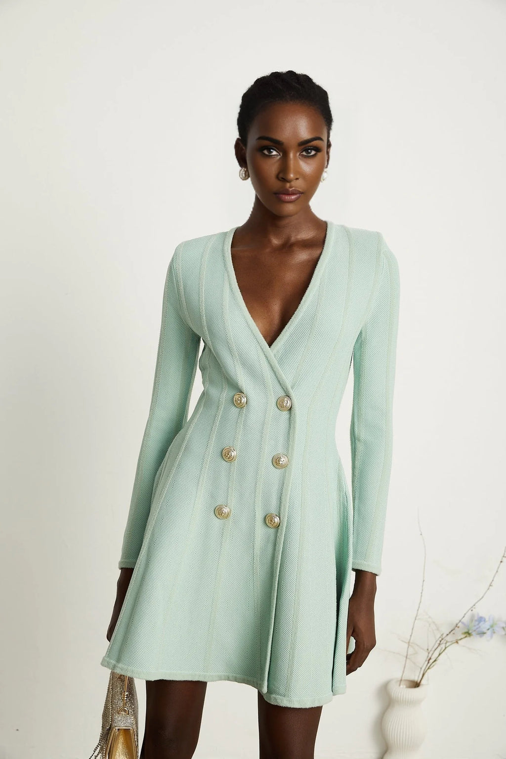 Dayana Mini Dress - V Neck - Long Sleeves - Embossed - tone Buttons - Knitted Construction
