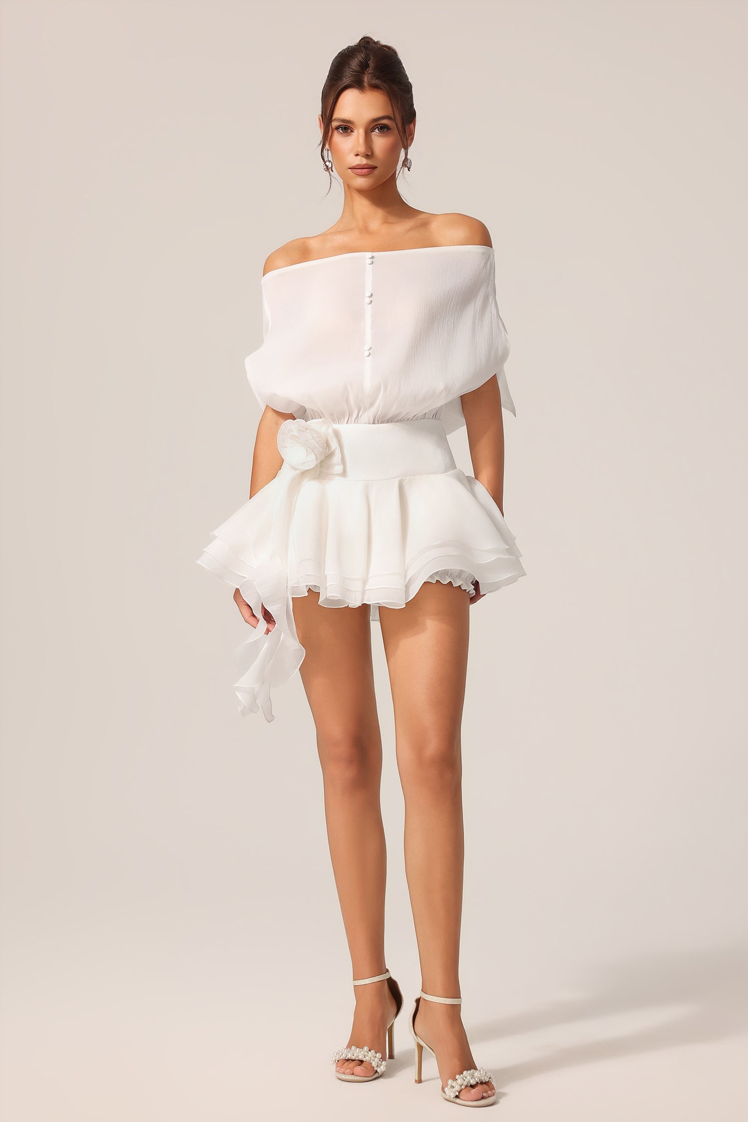 Dayana White Off-the-Shoulder Ruffled Mini Dress with Floral Detailing