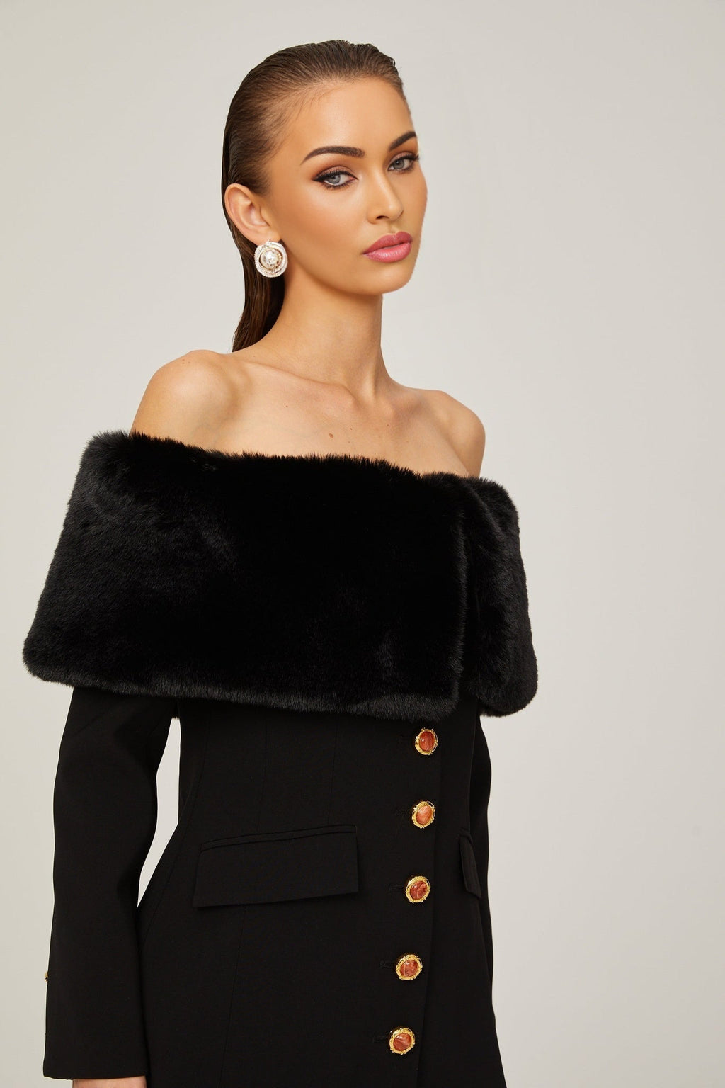 Debora Mini Dress - Off - Shoulder Suede Shawl Design - Faux - Fur Trim - Stone - Embellished Buttons
