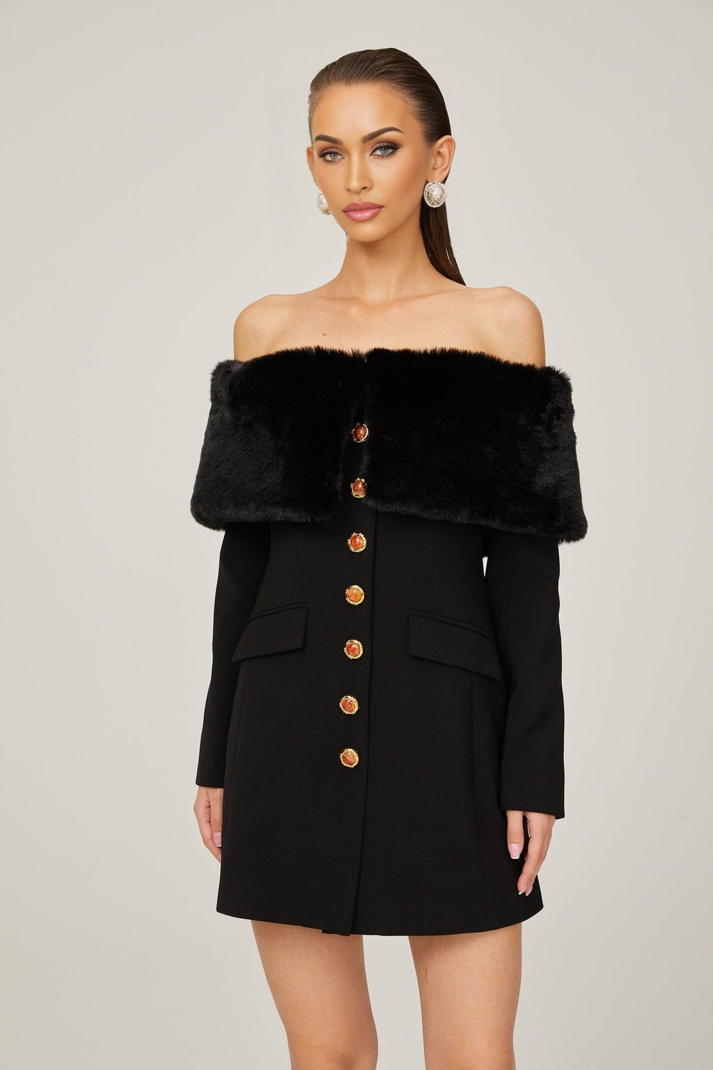 Debora Mini Dress - Off - Shoulder Suede Shawl Design - Faux - Fur Trim - Stone - Embellished Buttons