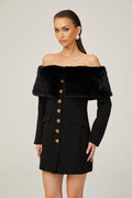 Debora Mini Dress - Off - Shoulder Suede Shawl Design - Faux - Fur Trim - Stone - Embellished Buttons