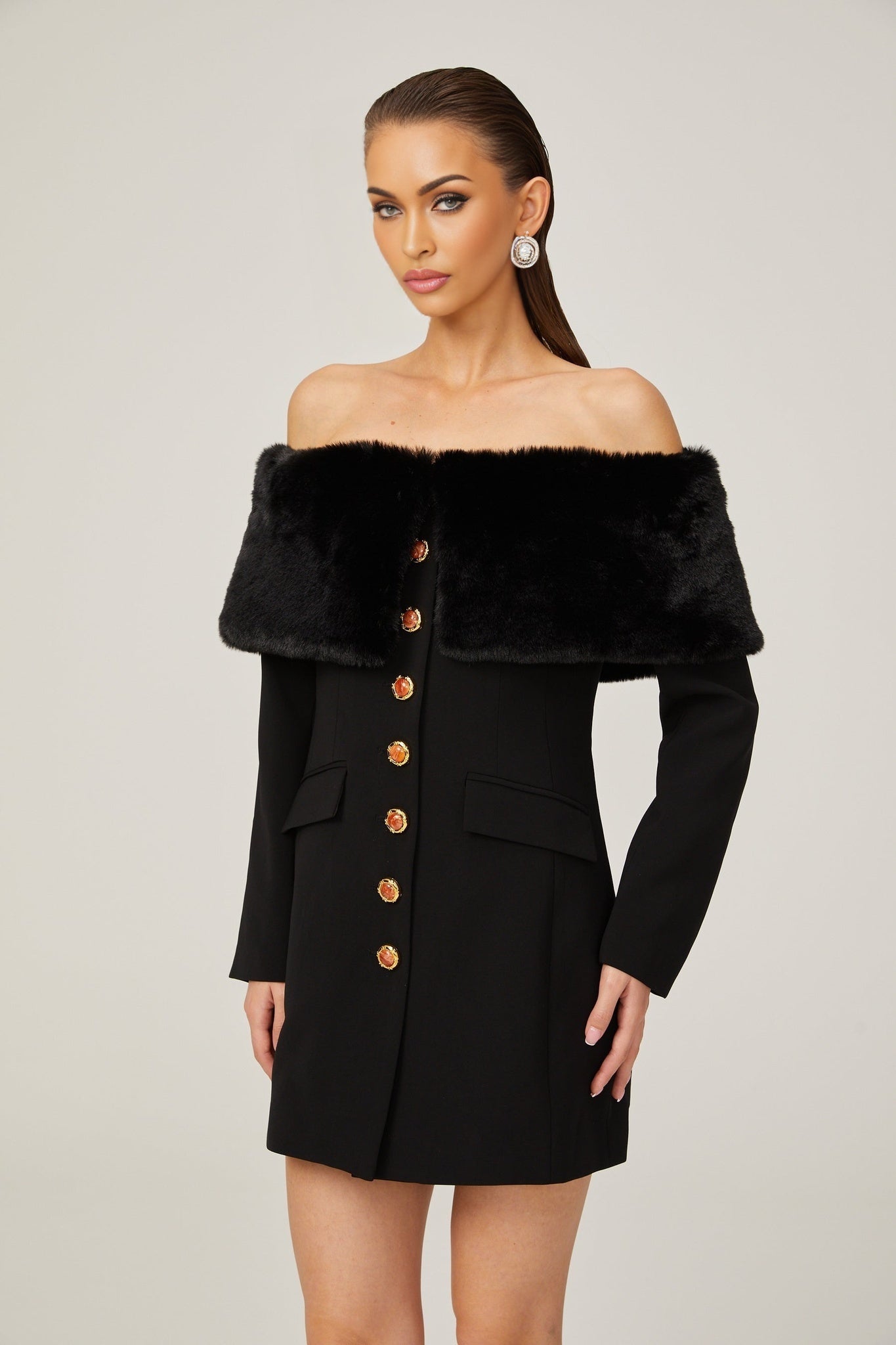 Debora Mini Dress - Off - Shoulder Suede Shawl Design - Faux - Fur Trim - Stone - Embellished Buttons