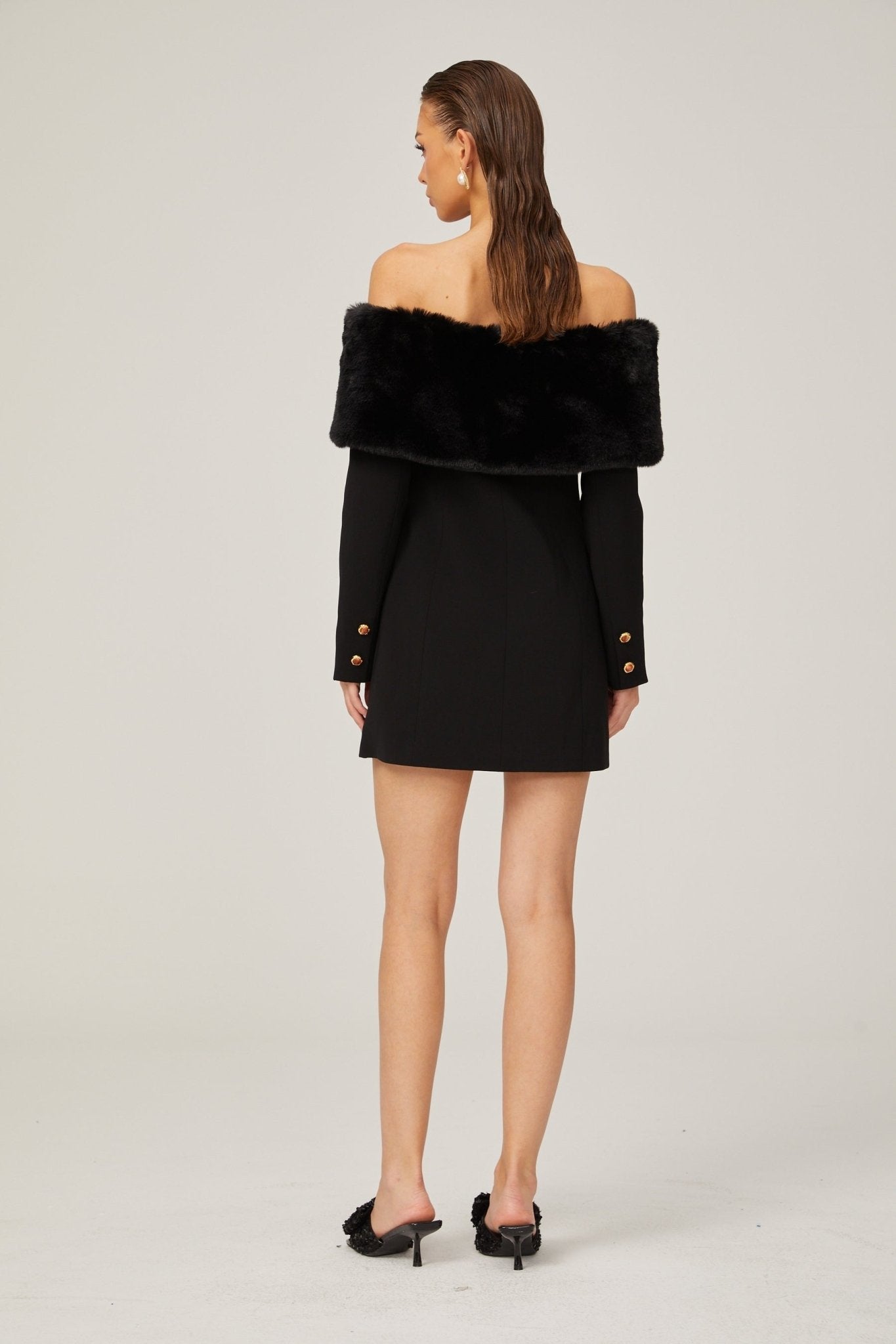 Debora Mini Dress - Off - Shoulder Suede Shawl Design - Faux - Fur Trim - Stone - Embellished Buttons