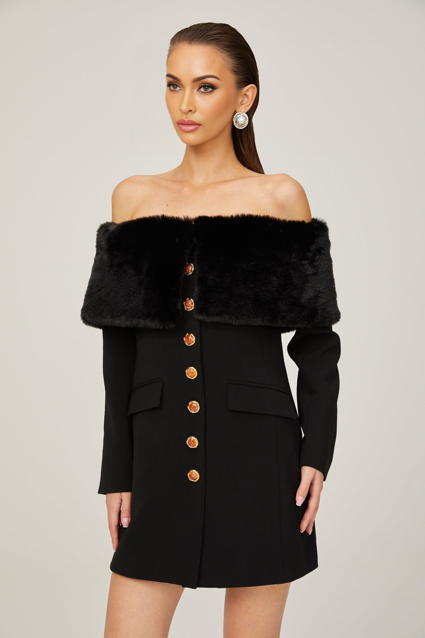 Debora Mini Dress - Off - Shoulder Suede Shawl Design - Faux - Fur Trim - Stone - Embellished Buttons