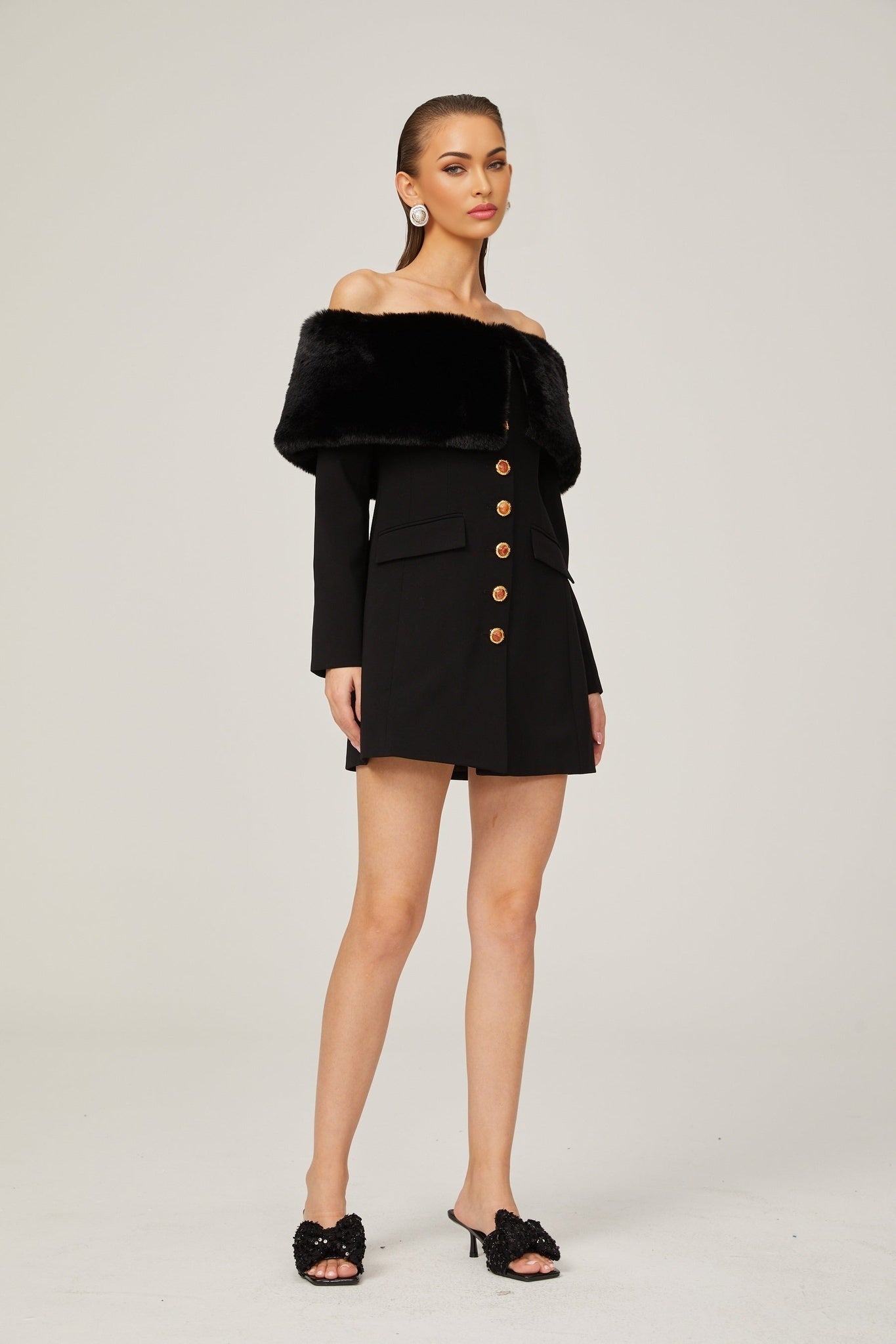Debora Mini Dress - Off - Shoulder Suede Shawl Design - Faux - Fur Trim - Stone - Embellished Buttons
