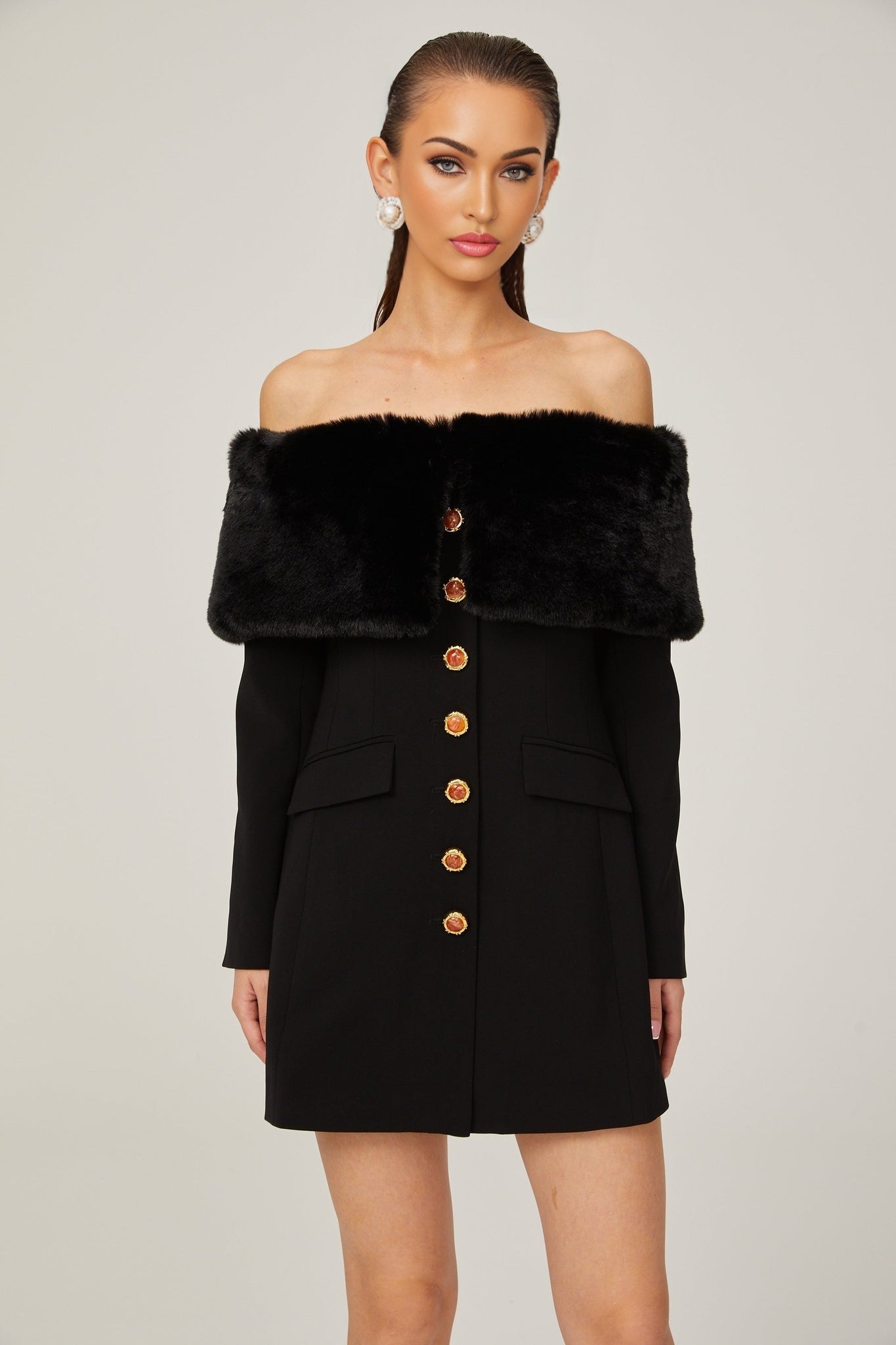 Debora Mini Dress - Off - Shoulder Suede Shawl Design - Faux - Fur Trim - Stone - Embellished Buttons