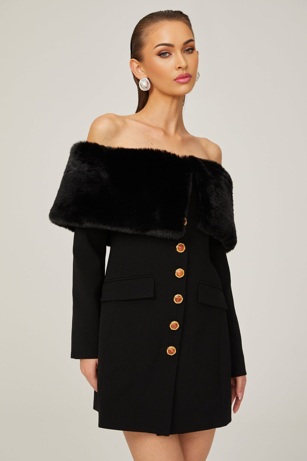 Debora Mini Dress - Off - Shoulder Suede Shawl Design - Faux - Fur Trim - Stone - Embellished Buttons