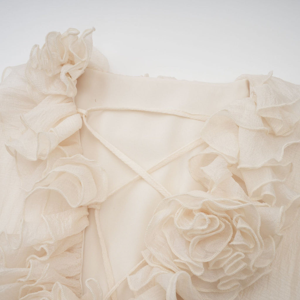 Debora Mini Dress – V - neck – Floral Appliqué – Ruffled Detailing