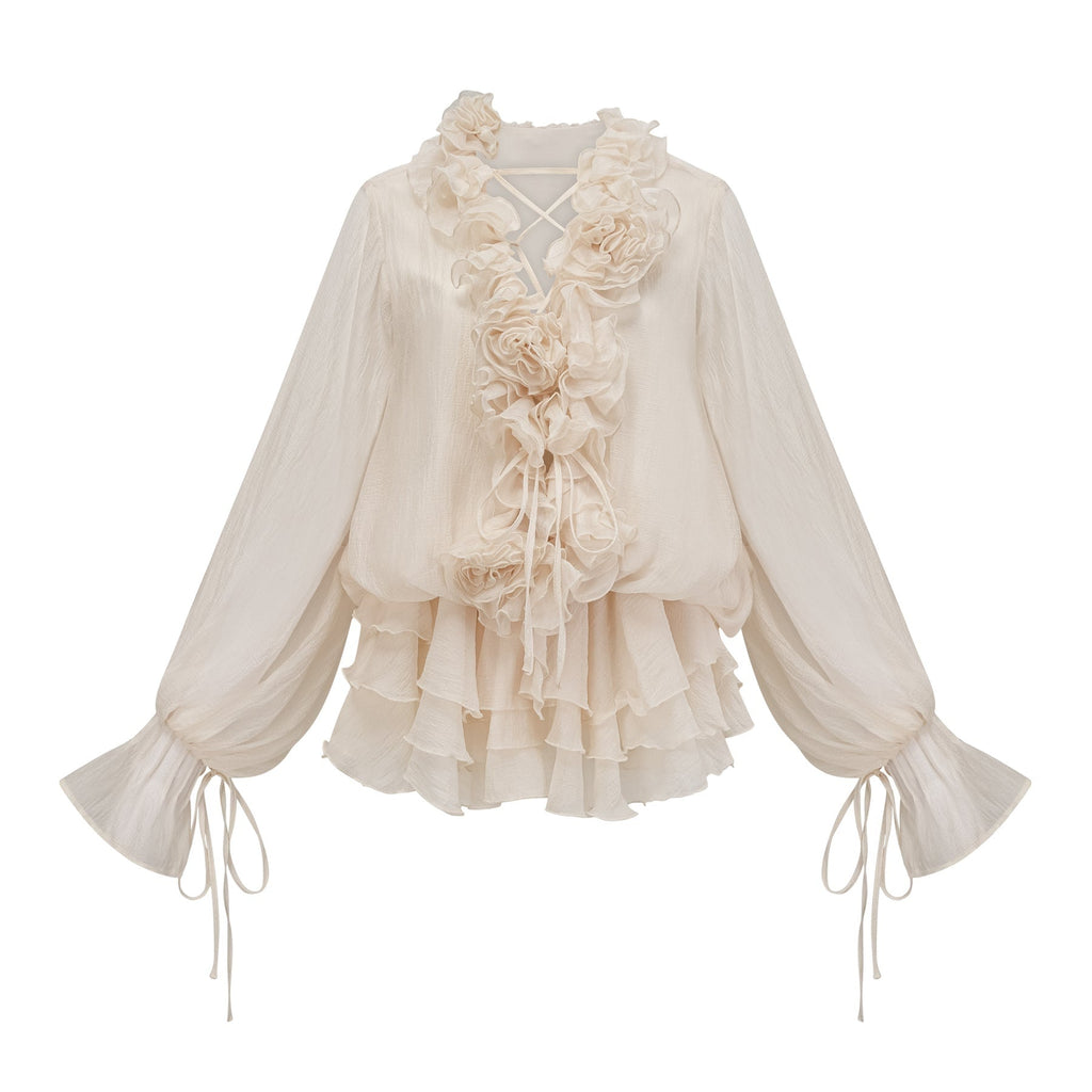 Debora Mini Dress – V - neck – Floral Appliqué – Ruffled Detailing