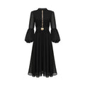 Delaney Midi Dress - Crew Neck - Balloon Sleeves - Cinched Waist - Pleated - tone Buttons