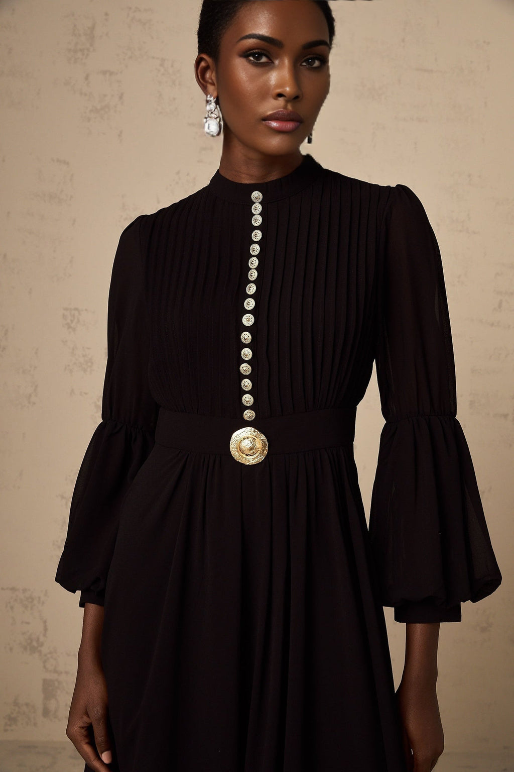 Delaney Midi Dress - Crew Neck - Balloon Sleeves - Cinched Waist - Pleated - tone Buttons