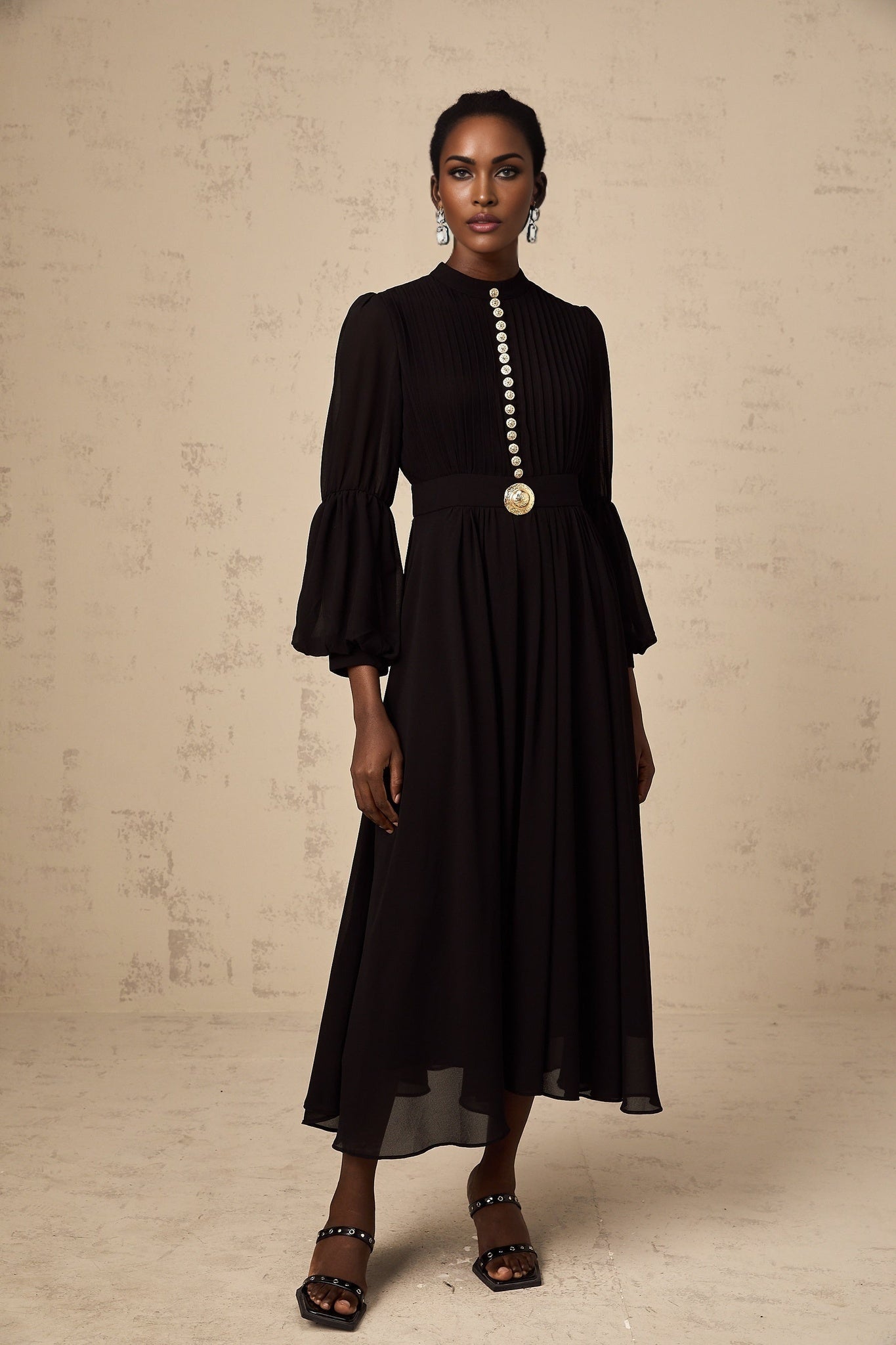 Delaney Midi Dress - Crew Neck - Balloon Sleeves - Cinched Waist - Pleated - tone Buttons