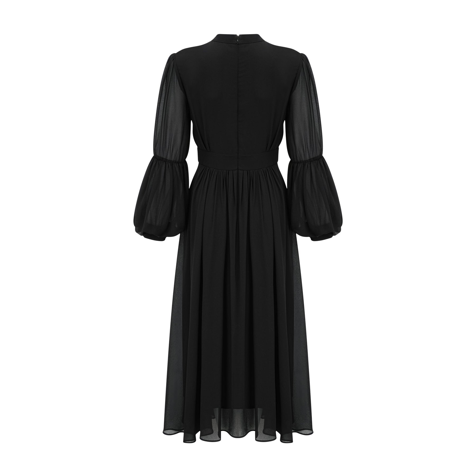 Delaney Midi Dress - Crew Neck - Balloon Sleeves - Cinched Waist - Pleated - tone Buttons