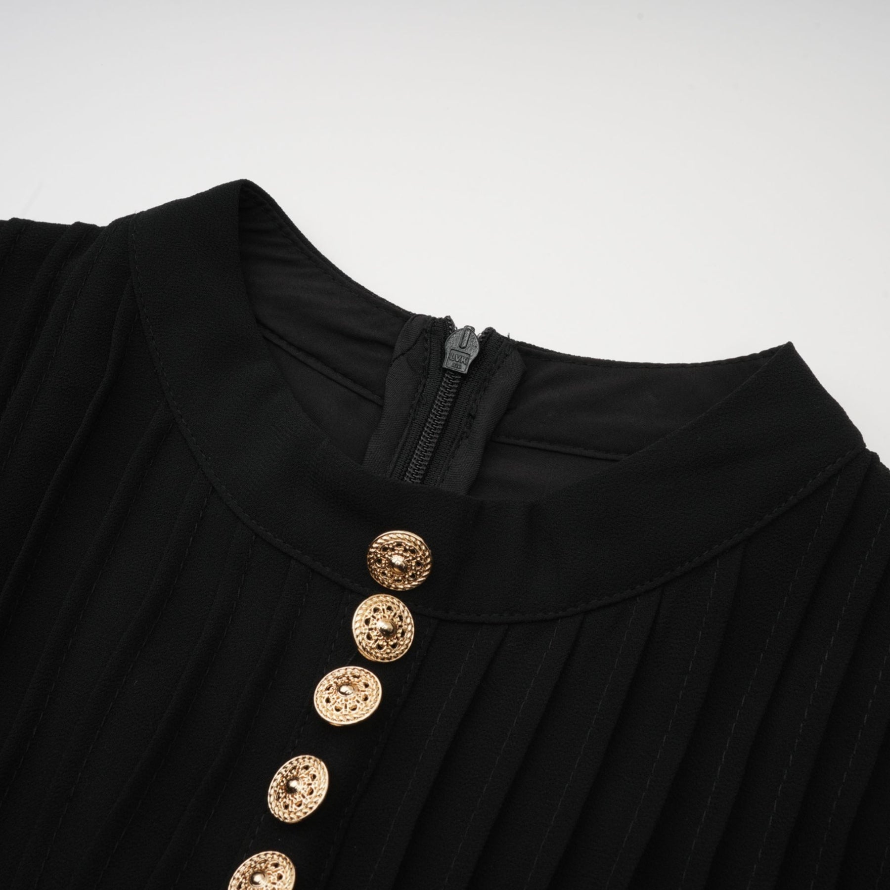 Delaney Midi Dress - Crew Neck - Balloon Sleeves - Cinched Waist - Pleated - tone Buttons