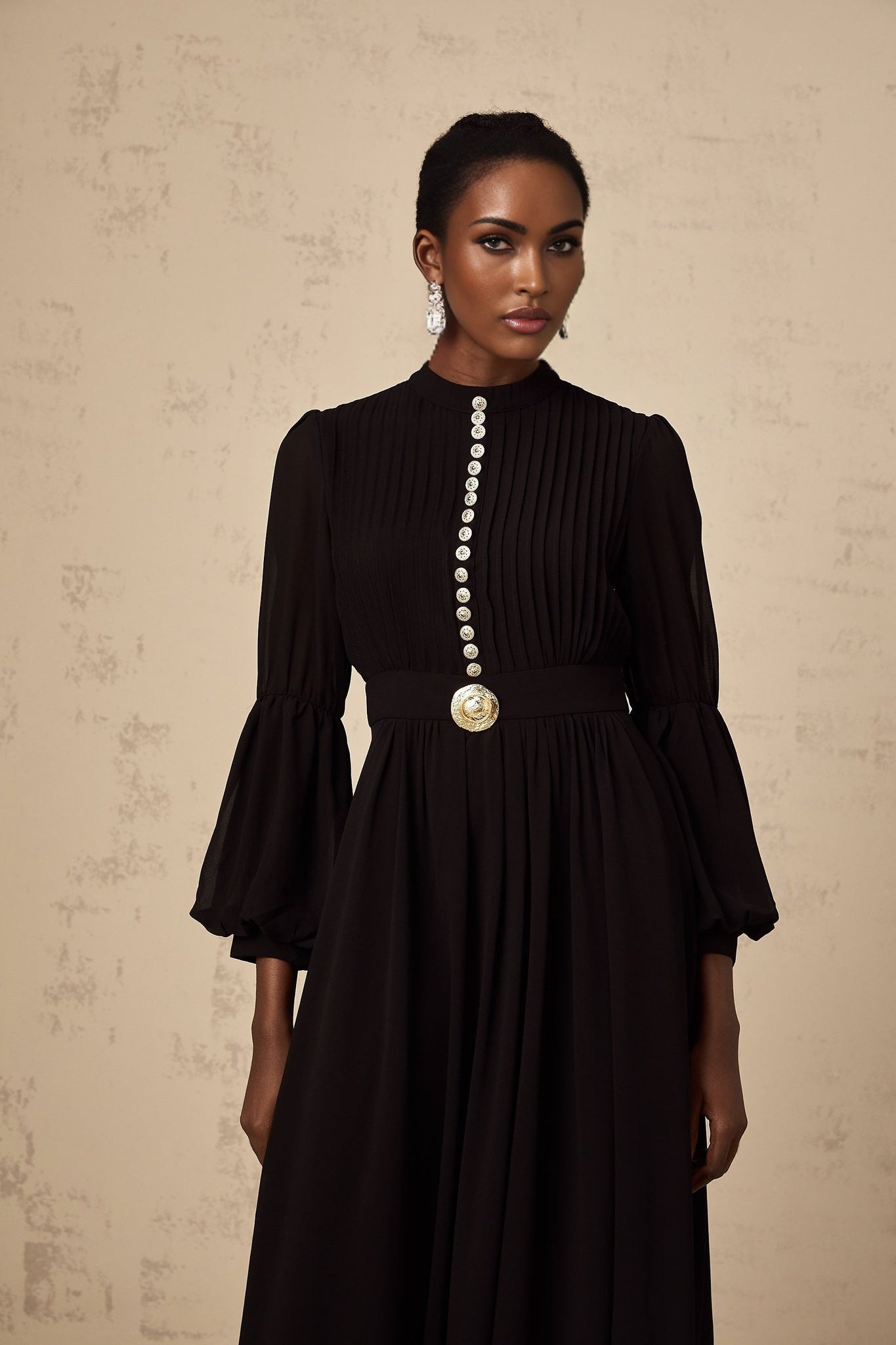 Delaney Midi Dress - Crew Neck - Balloon Sleeves - Cinched Waist - Pleated - tone Buttons