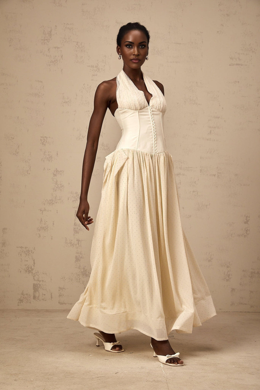 Delaney Midi Dress - Halterneck Sleeveless Tulle Cinched Waist Ankle - Length Zip Fastening