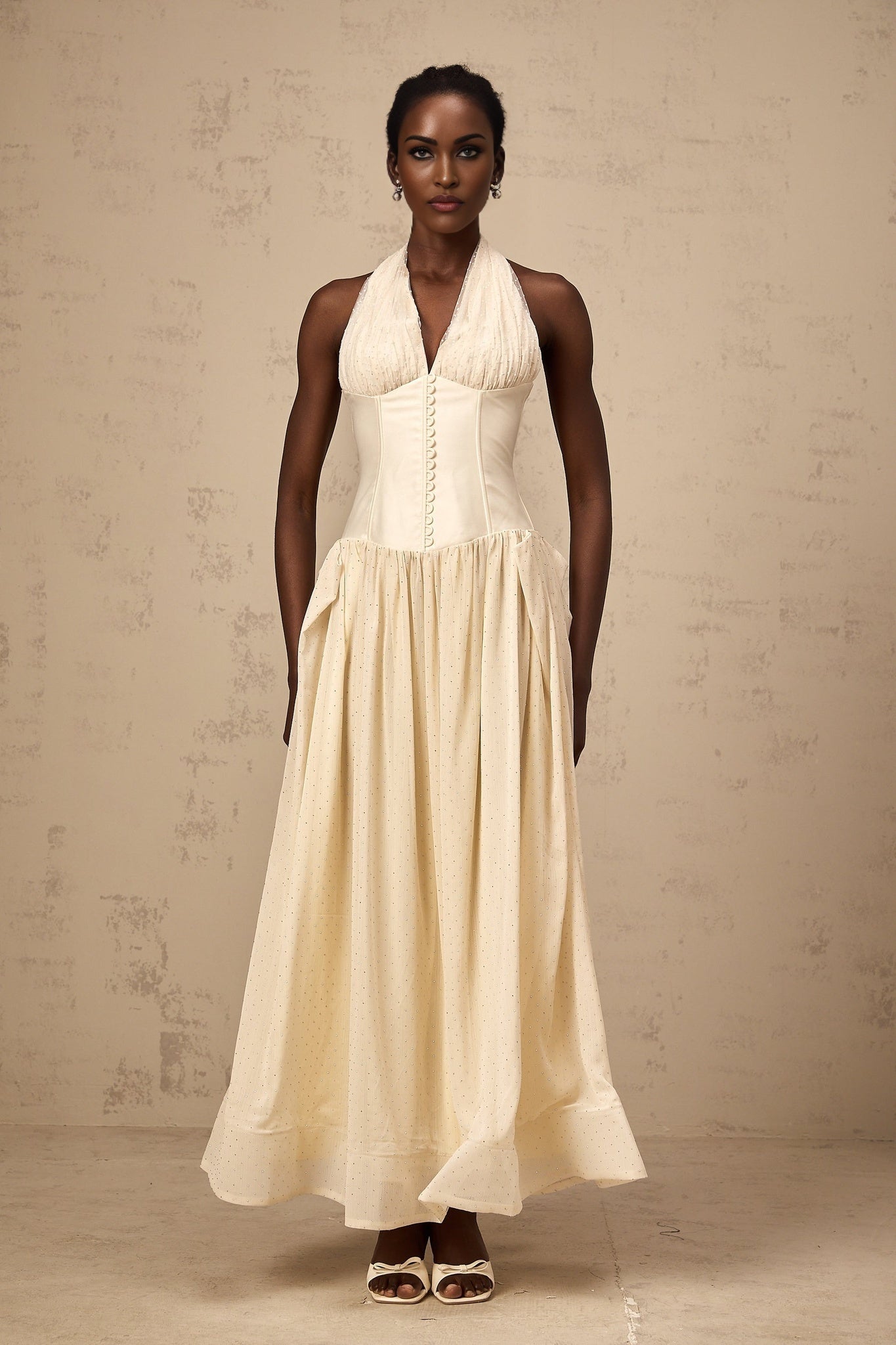 Delaney Midi Dress - Halterneck Sleeveless Tulle Cinched Waist Ankle - Length Zip Fastening