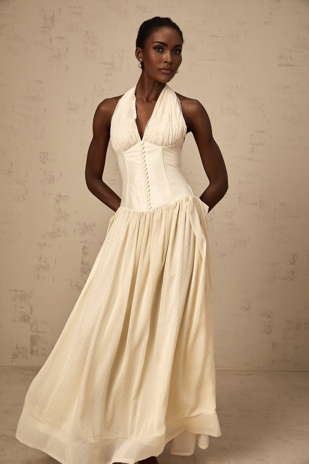 Delaney Midi Dress - Halterneck Sleeveless Tulle Cinched Waist Ankle - Length Zip Fastening