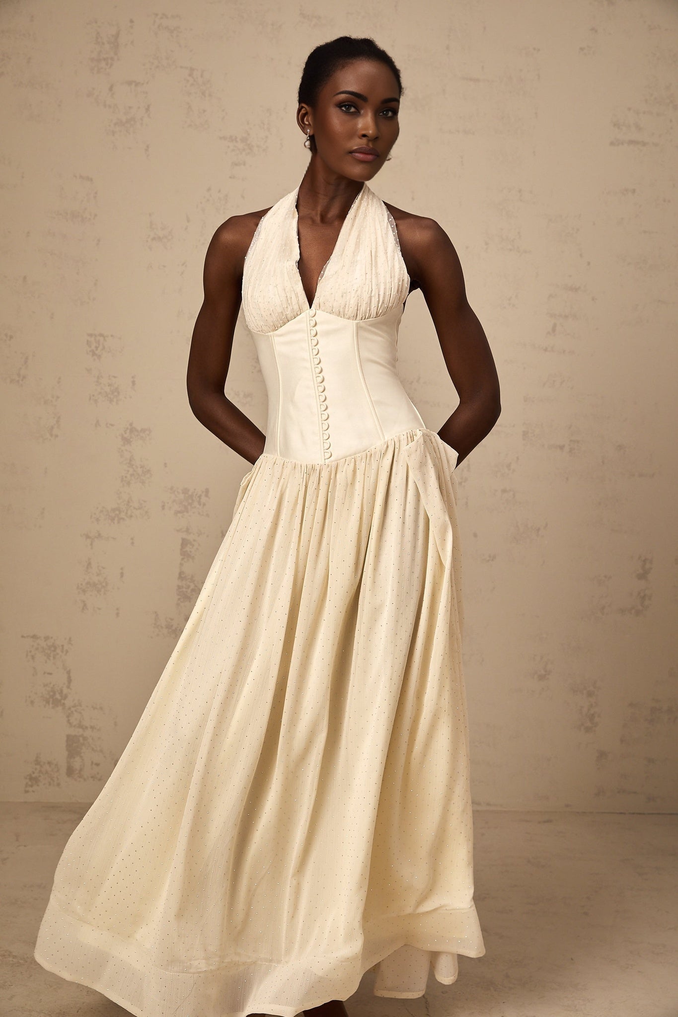 Delaney Midi Dress - Halterneck Sleeveless Tulle Cinched Waist Ankle - Length Zip Fastening