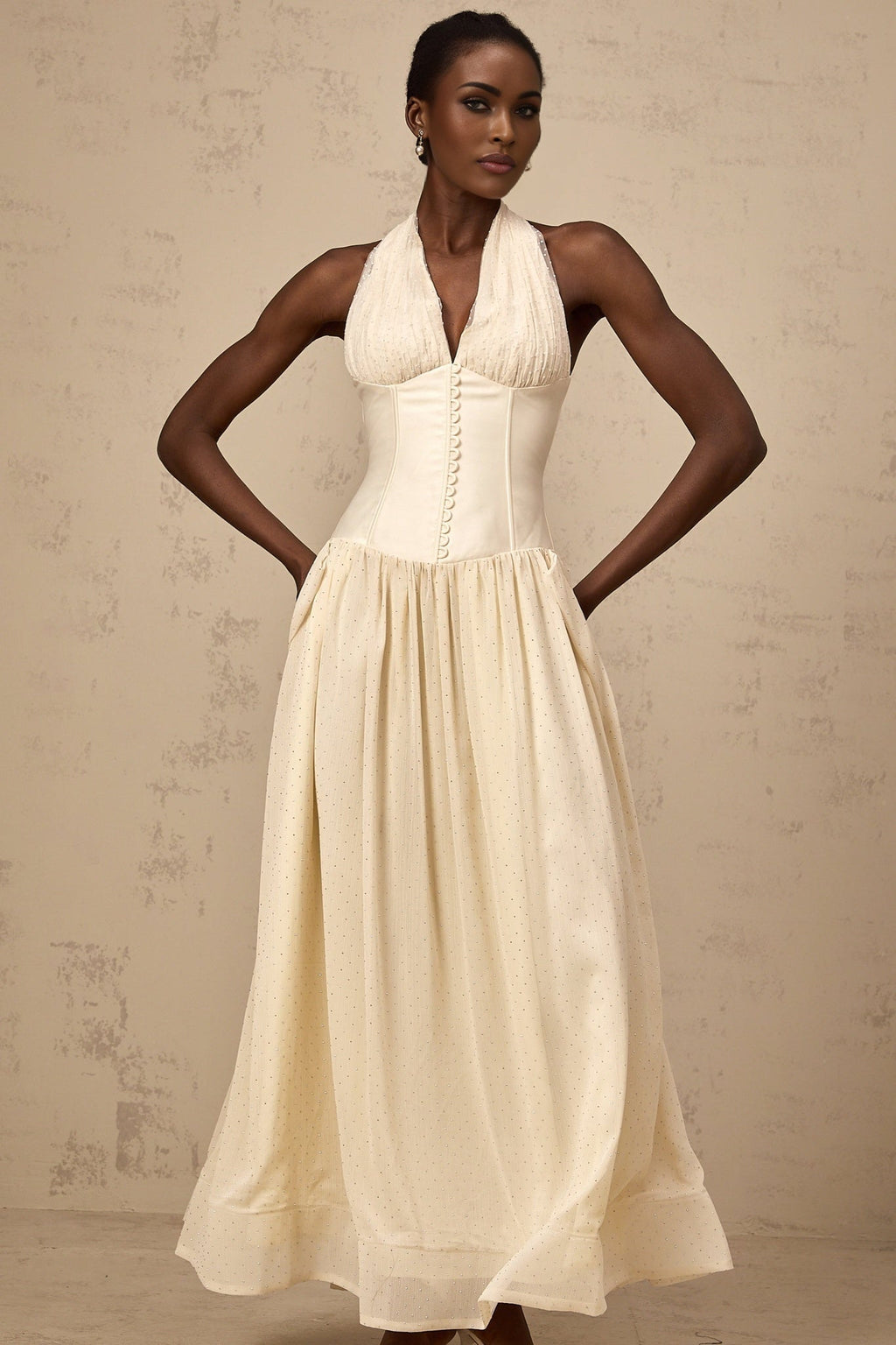 Delaney Midi Dress - Halterneck Sleeveless Tulle Cinched Waist Ankle - Length Zip Fastening