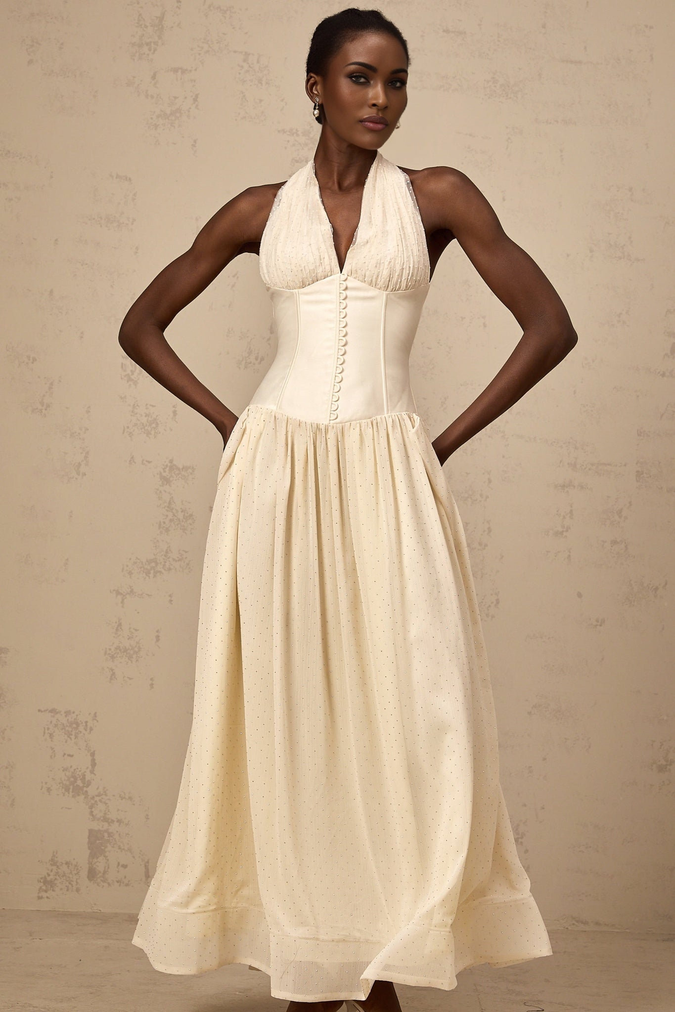 Delaney Midi Dress - Halterneck Sleeveless Tulle Cinched Waist Ankle - Length Zip Fastening
