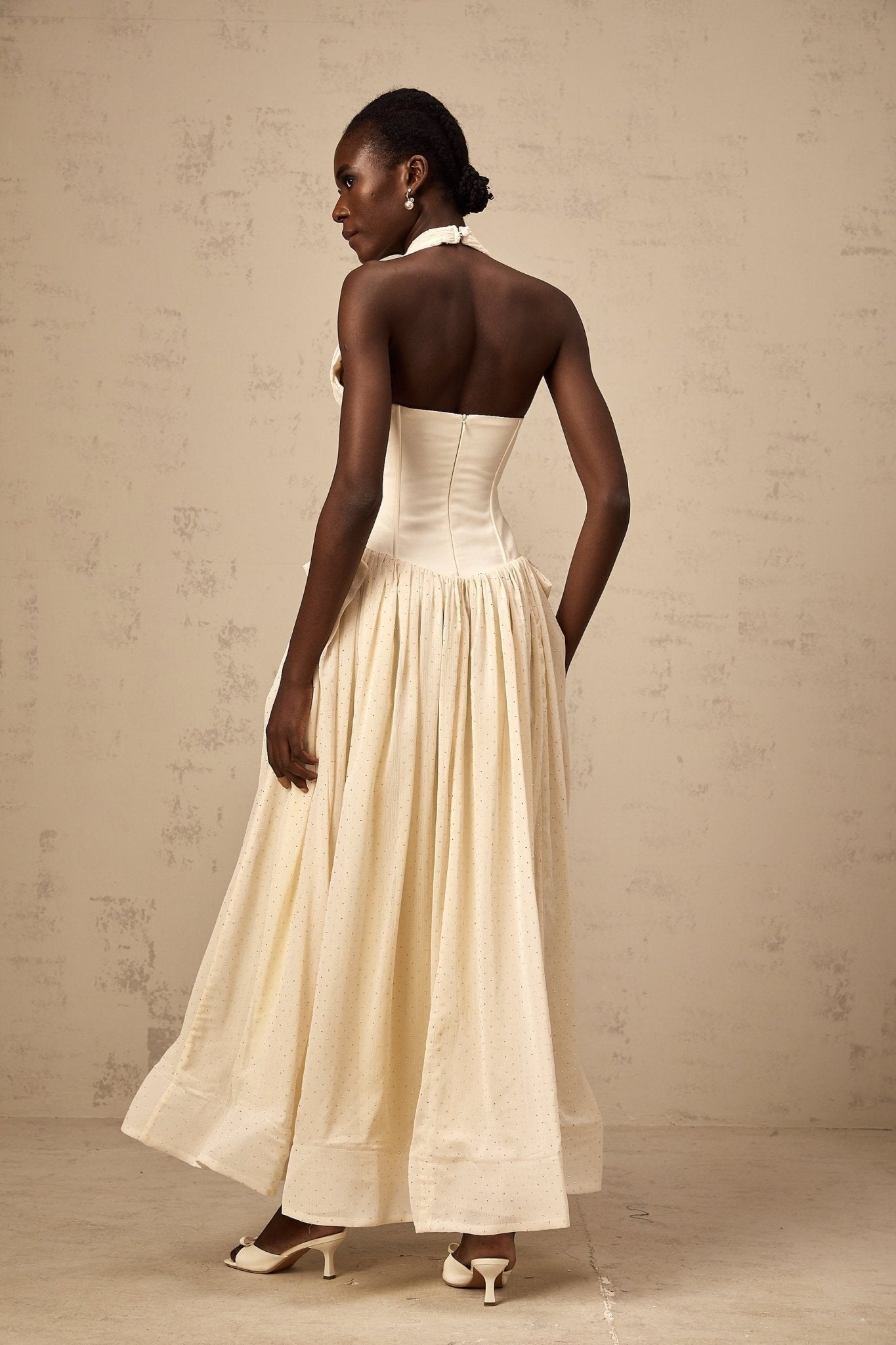 Delaney Midi Dress - Halterneck Sleeveless Tulle Cinched Waist Ankle - Length Zip Fastening