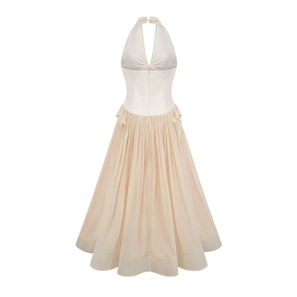 Delaney Midi Dress - Halterneck Sleeveless Tulle Cinched Waist Ankle - Length Zip Fastening