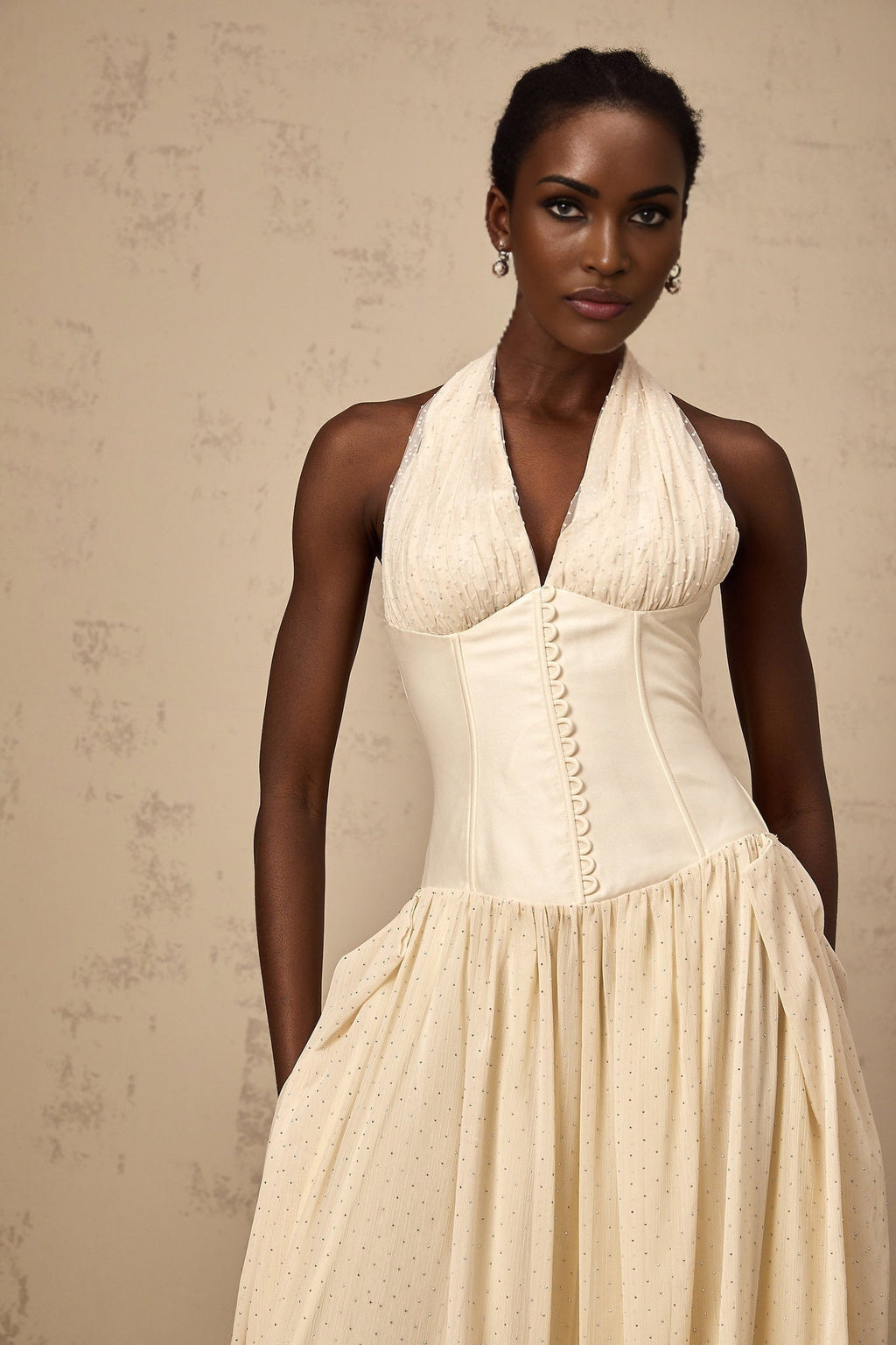 Delaney Midi Dress - Halterneck Sleeveless Tulle Cinched Waist Ankle - Length Zip Fastening