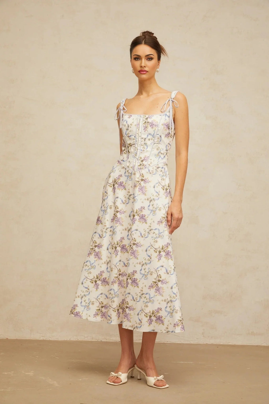 Delaney Midi Dress White Floral Print Boned Bodice & Lace - Up Closure