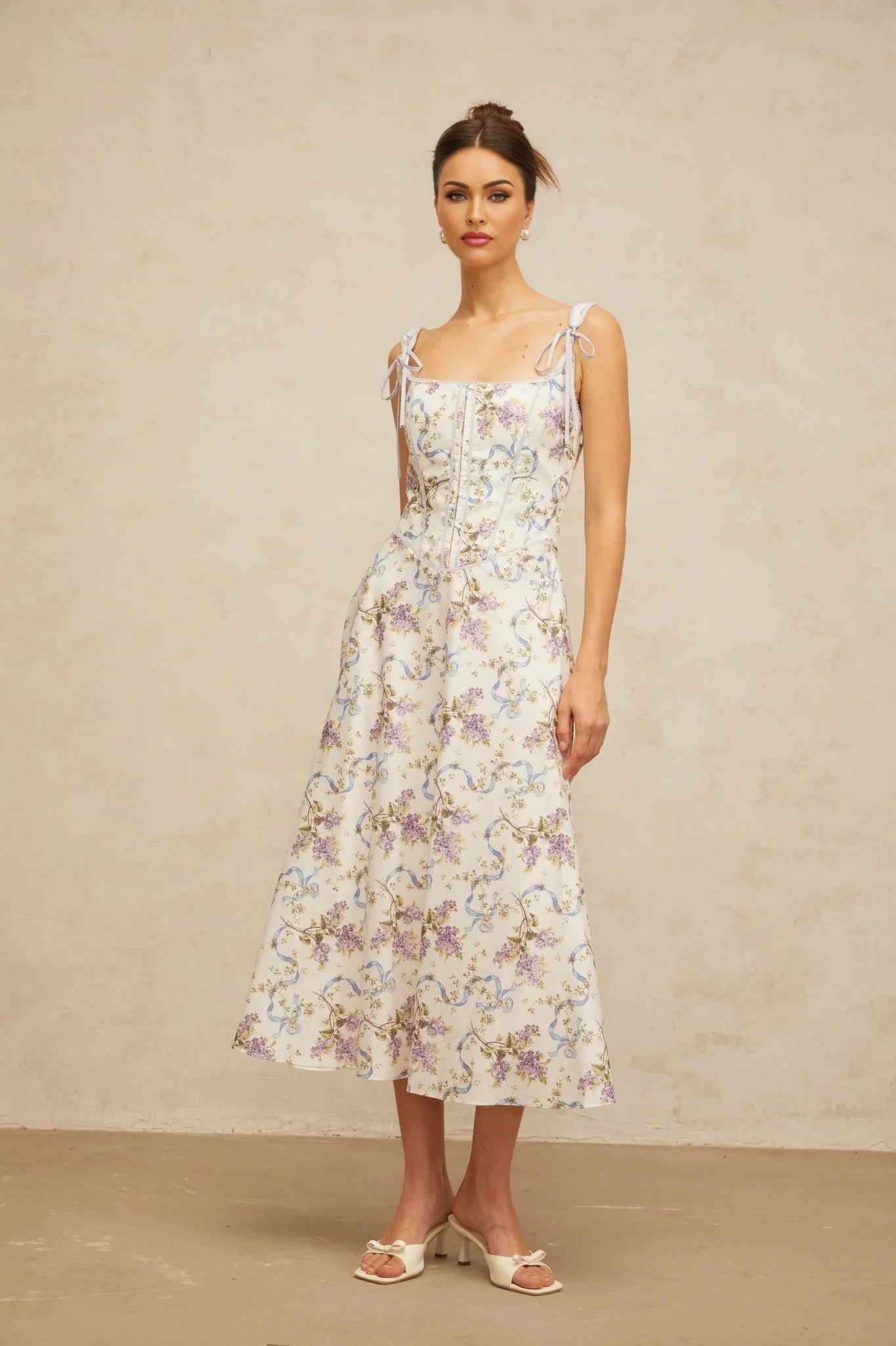 Delaney Midi Dress White Floral Print Boned Bodice & Lace - Up Closure