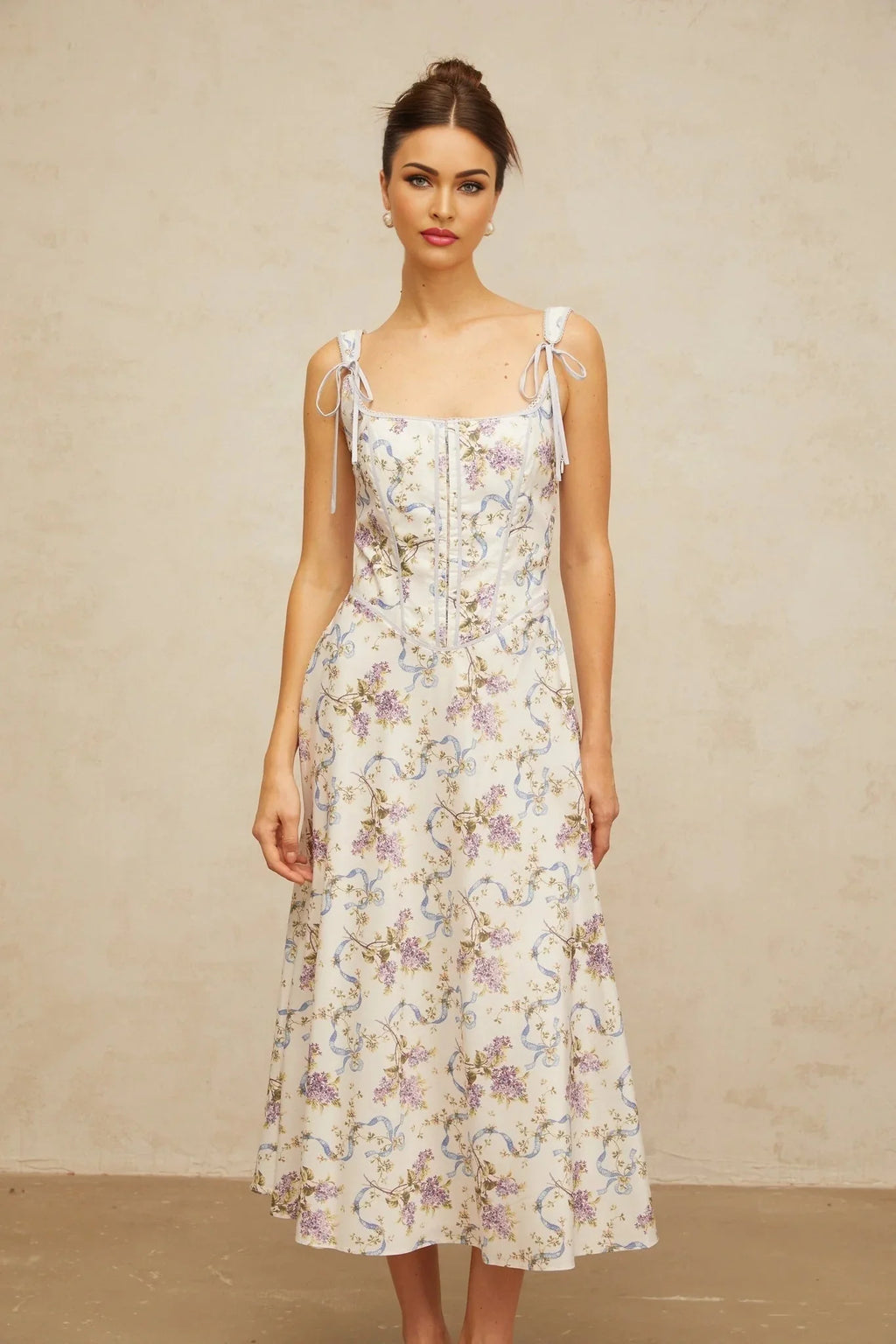 Delaney Midi Dress White Floral Print Boned Bodice & Lace - Up Closure