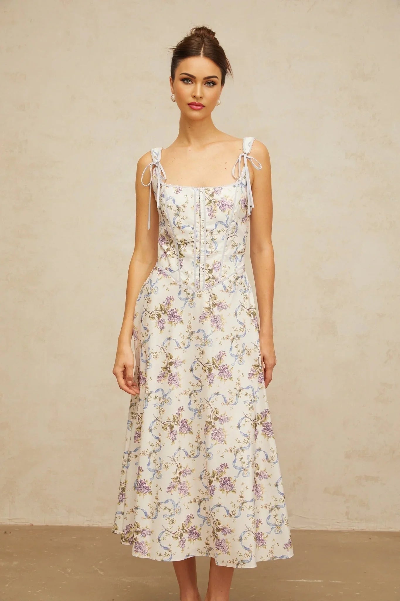 Delaney Midi Dress White Floral Print Boned Bodice & Lace - Up Closure