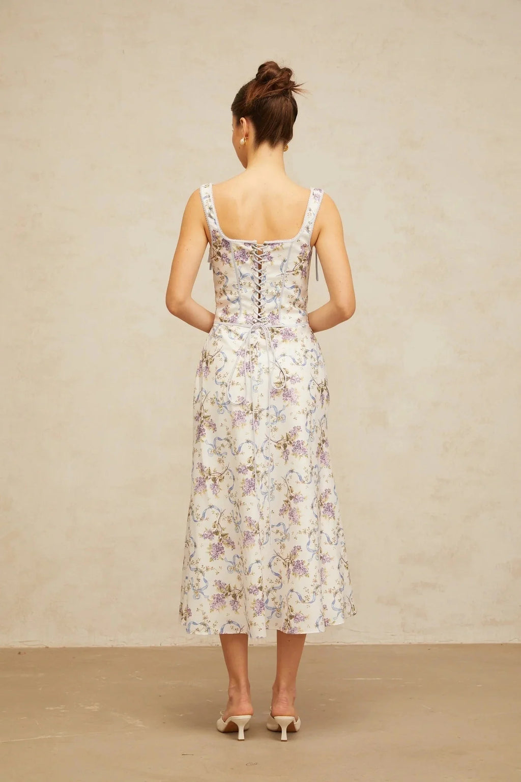 Delaney Midi Dress White Floral Print Boned Bodice & Lace - Up Closure
