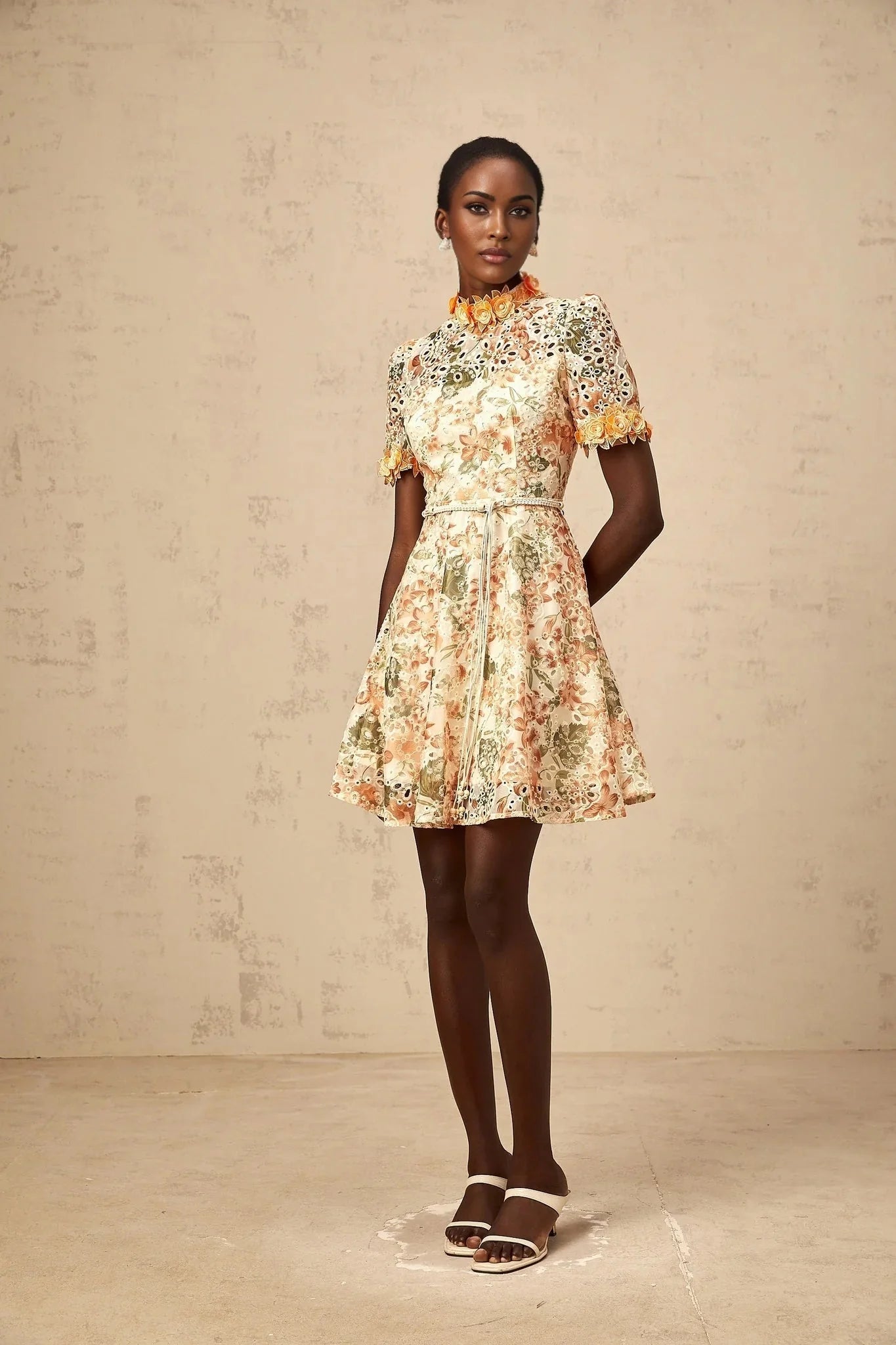 Delaney Mini Dress Orange Flower Embroidered Pearl Detail & Cut - Out