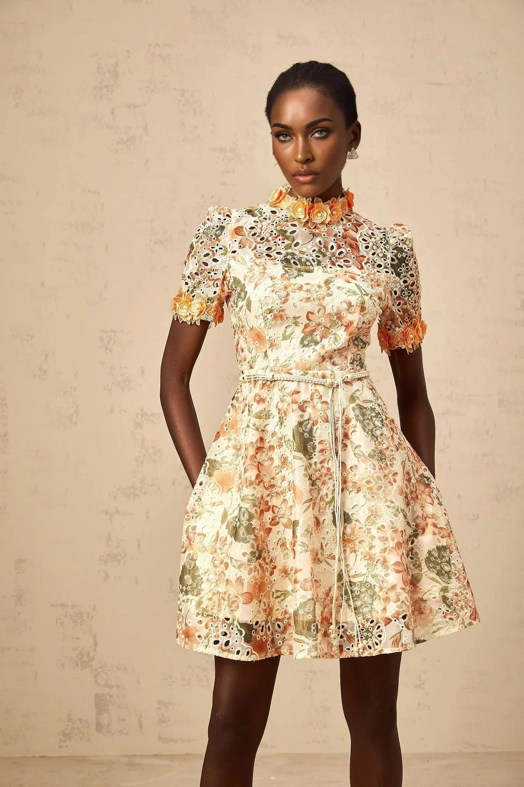 Delaney Mini Dress Orange Flower Embroidered Pearl Detail & Cut - Out