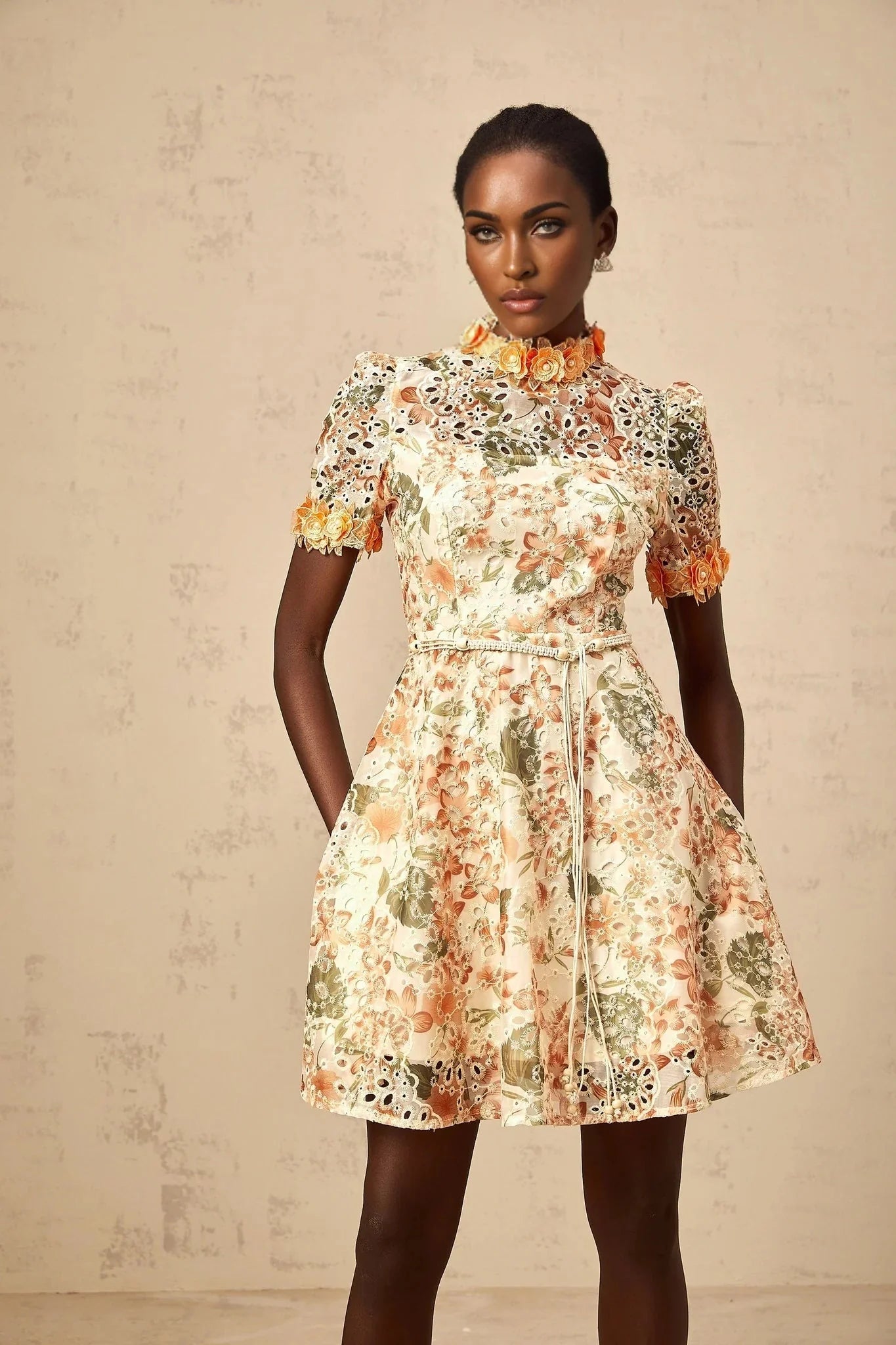 Delaney Mini Dress Orange Flower Embroidered Pearl Detail & Cut - Out