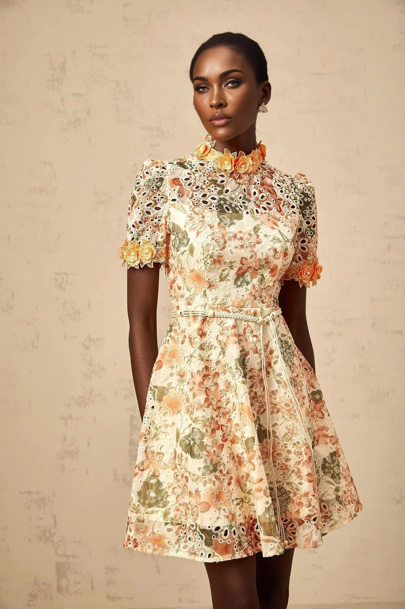 Delaney Mini Dress Orange Flower Embroidered Pearl Detail & Cut - Out