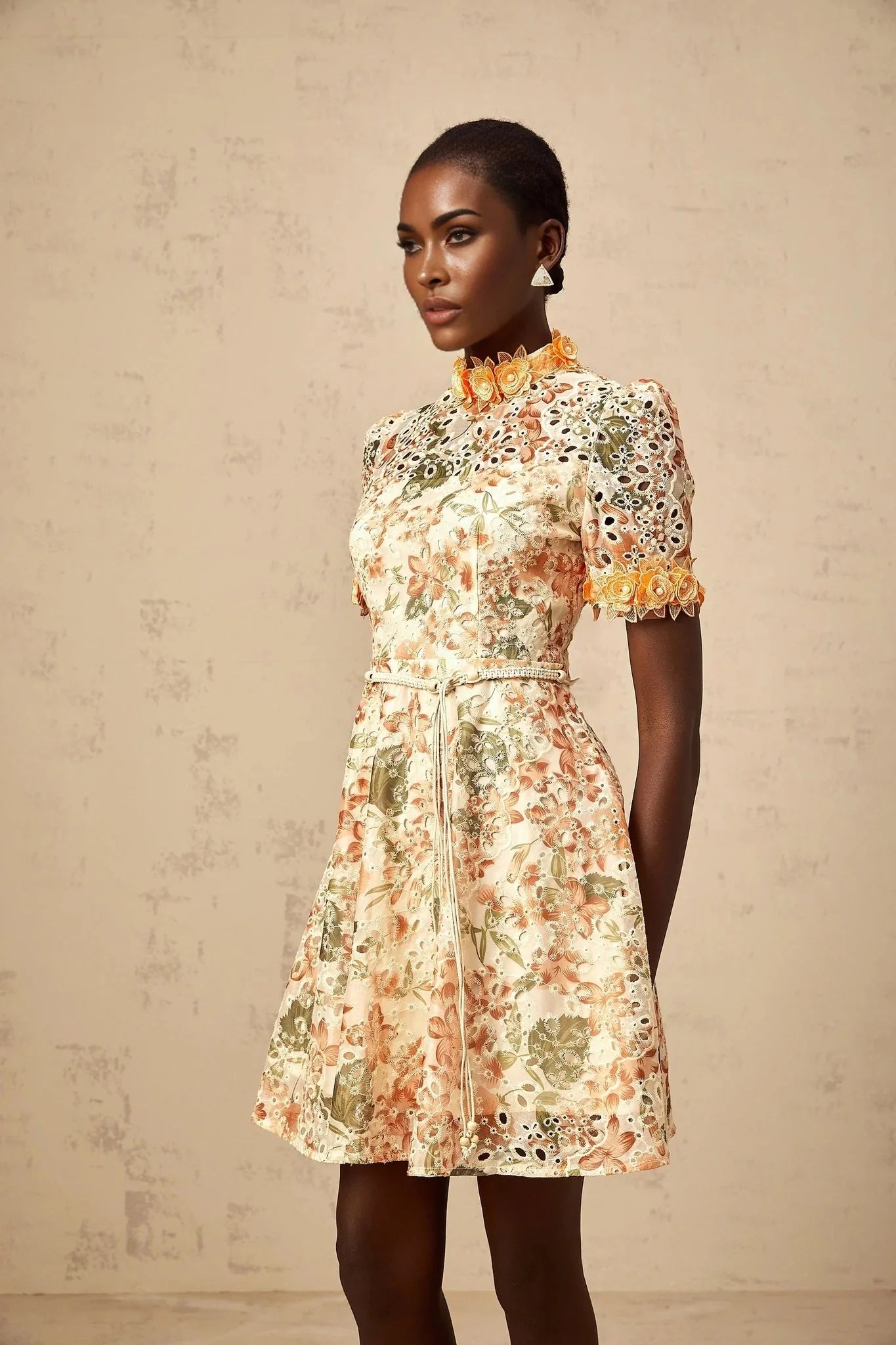 Delaney Mini Dress Orange Flower Embroidered Pearl Detail & Cut - Out
