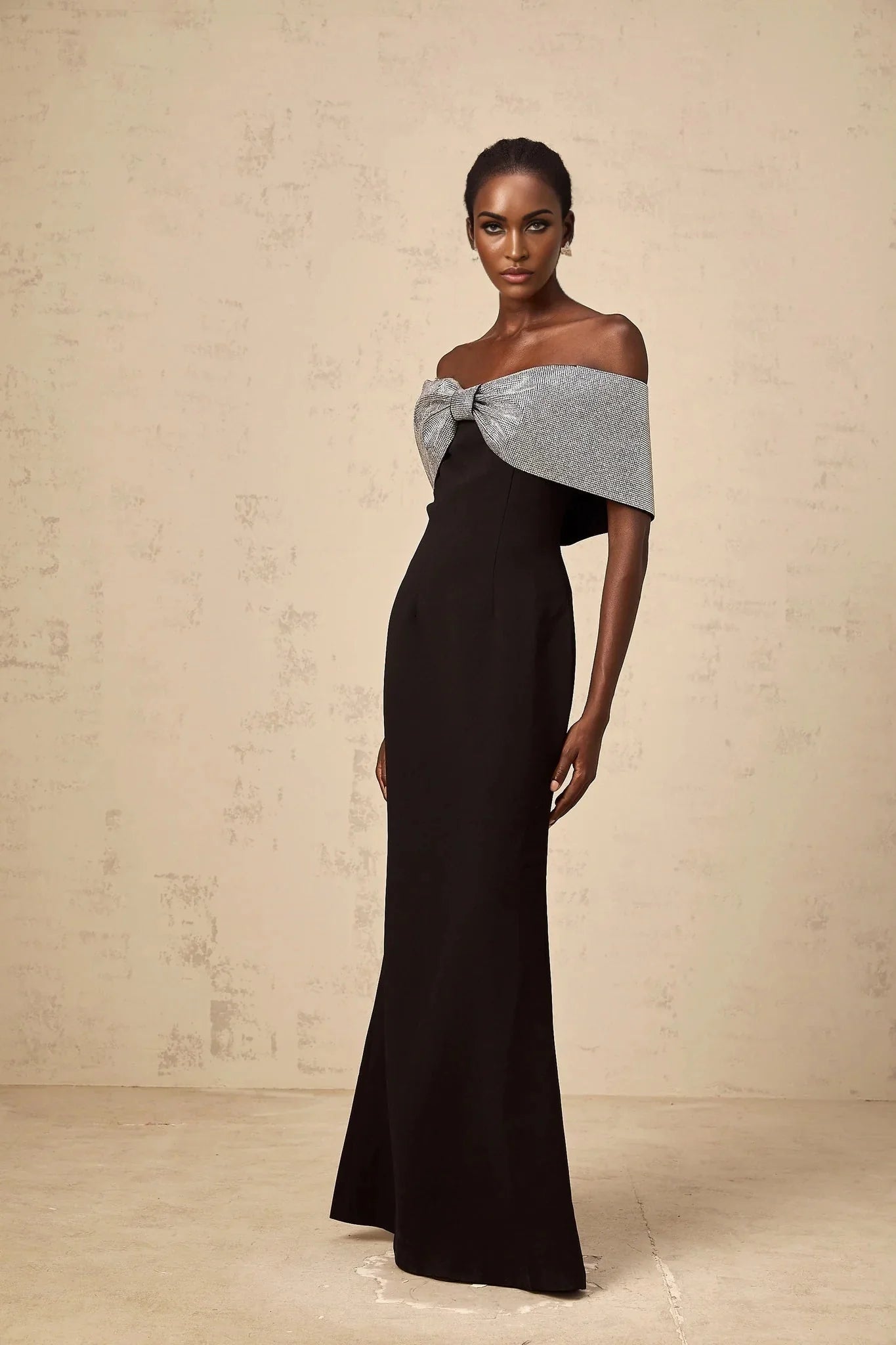 Delia Maxi Dress Black Silver Rhinestone Bow Off - Shoulder Charm
