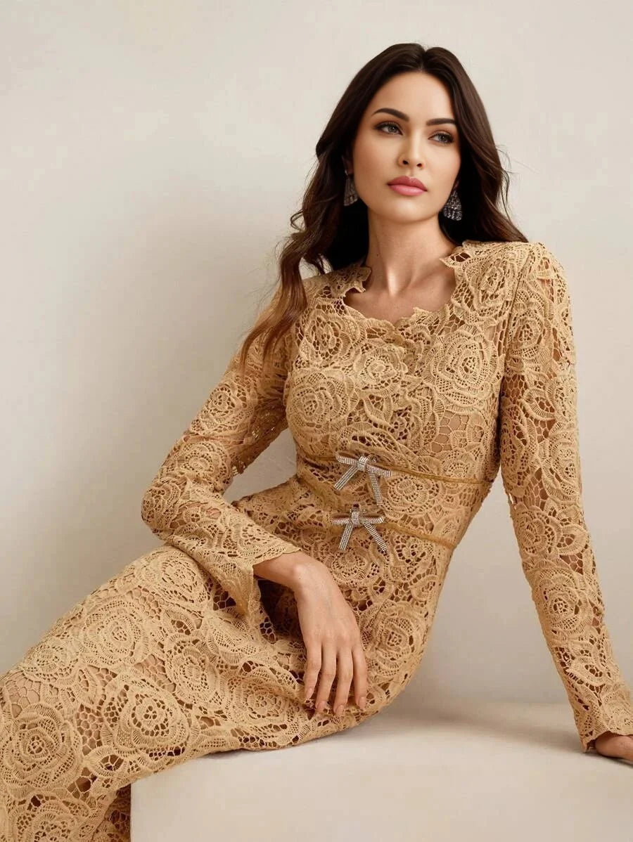 Delia Midi Dress - Round Neck - High Waist - A Line - Elegant